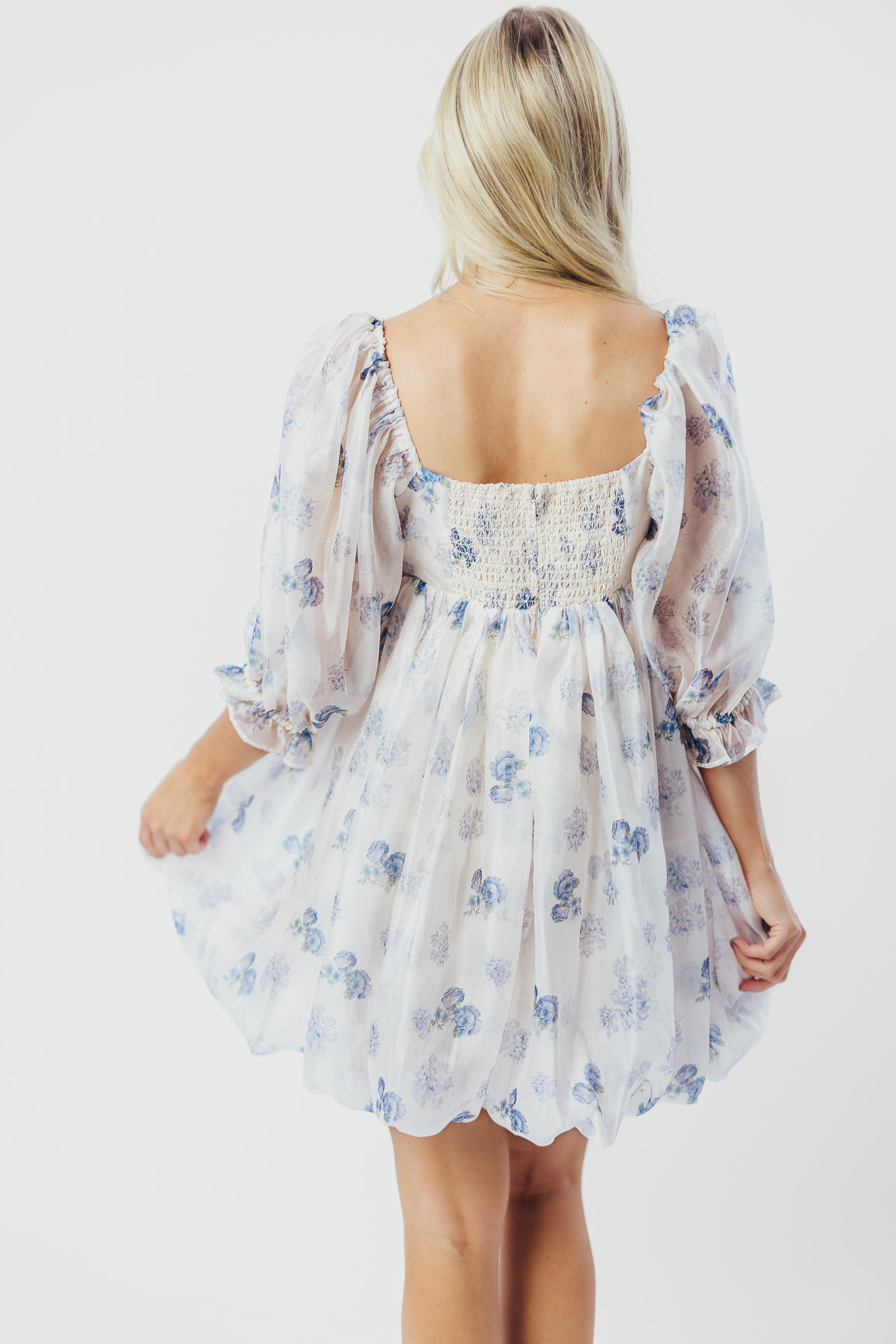 Chase Bubble Hem Mini Dress - White & Periwinkle Floral Summer Dress for Women, Perfect for Beach Vacations, Brunch Dates & Cocktail Parties