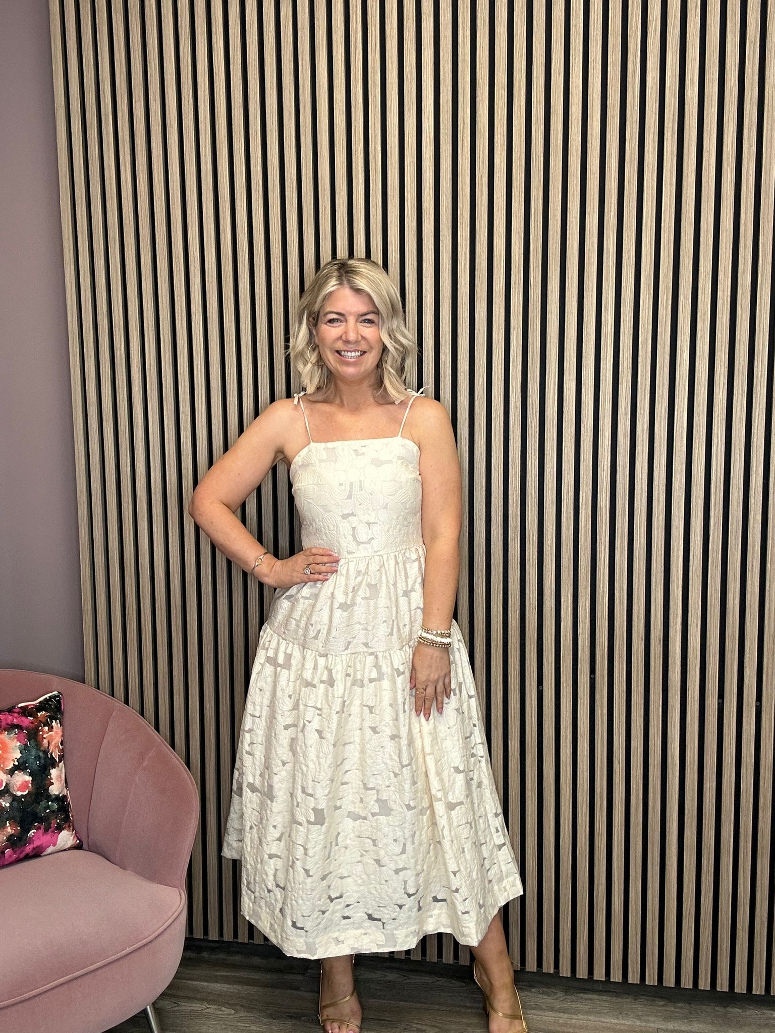 Helna Strap Midi Dress - Floral Jacquard Fabric, Adjustable Straps, A-Line Silhouette | Perfect for Summer Weddings, Garden Parties & Casual Outings