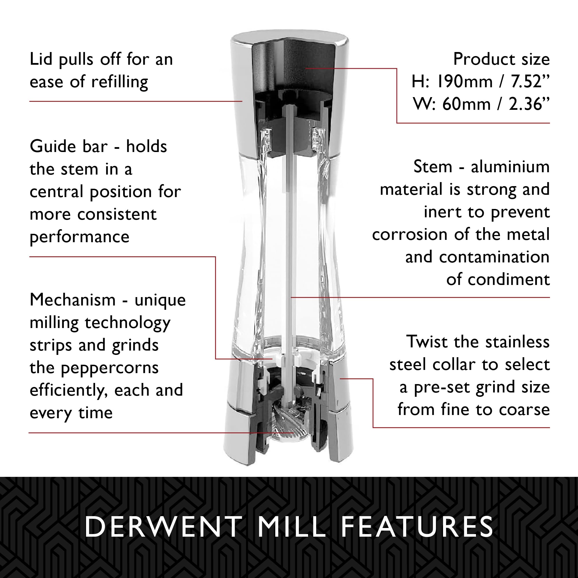 Cole & Mason Derwent Salt and Pepper Grinder Set - Adjustable Coarseness, Premium Stainless Steel & Acrylic Design, 7.5