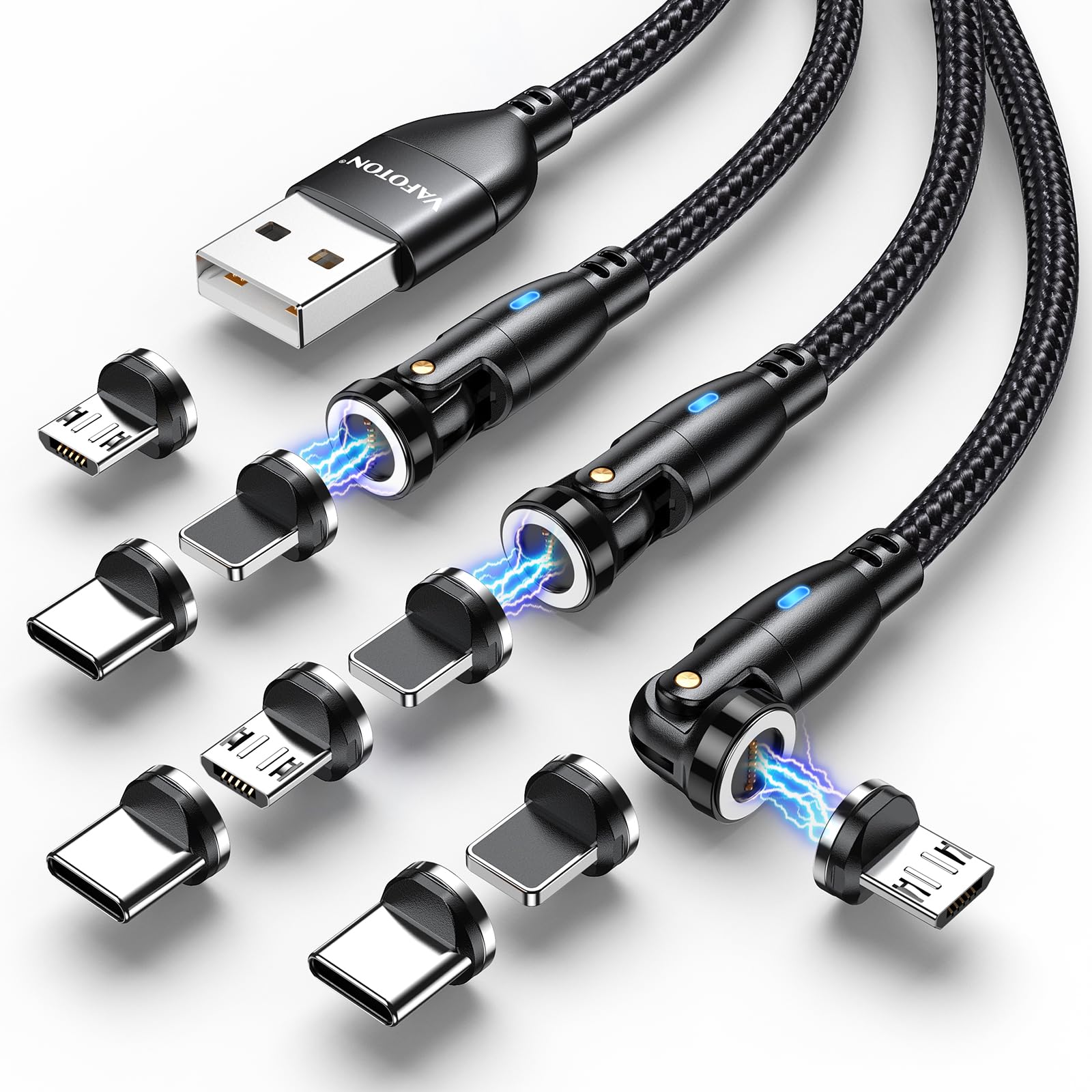 VAFOTON 9Pin Magnetic Charging Cable - 360° & 180° Rotatable 3-in-1 USB Fast Charger (18W) for Micro USB, Type C, iPhone - 3 Pack (2M/2M/1M) - Durable Magnetic Phone Charger for Home, Office & Travel