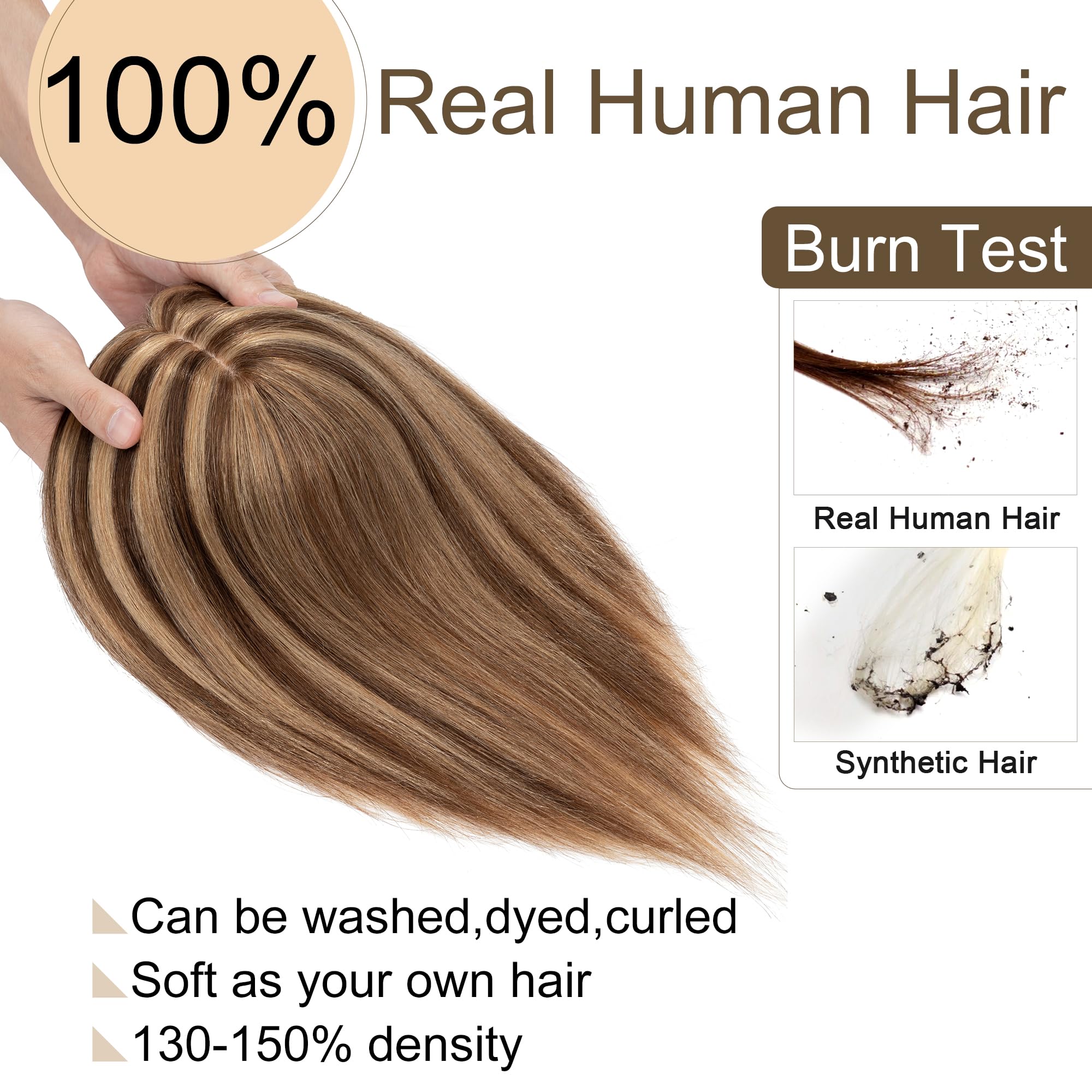 SEGO 130% Density Human Hair Toppers for Women - No Bangs, 10x12cm Silk Base, 100% Remy Clip-in Top Wiglet for Thinning Hair - 14 Inch Medium Brown & Dark Blonde - Perfect for Daily Wear, Parties & Hair Loss Solutions