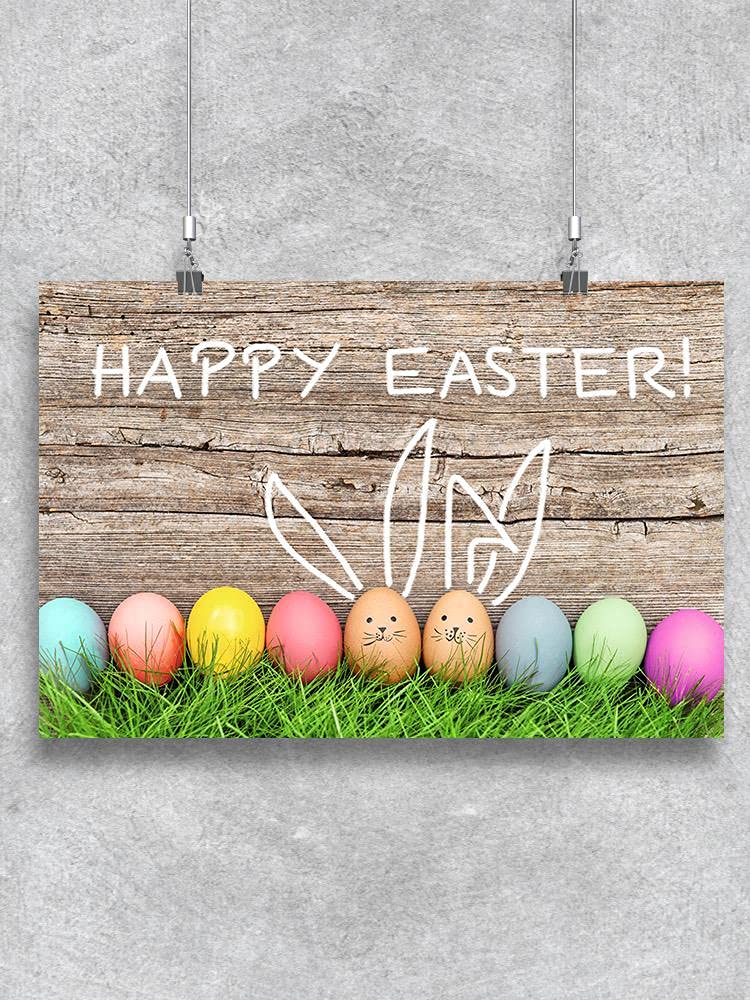 Easter Eggs with Bunny Ears in Grass - Spring Home Decor, Easter Party Supplies, Kids Room Wall Art for Holiday Celebrations