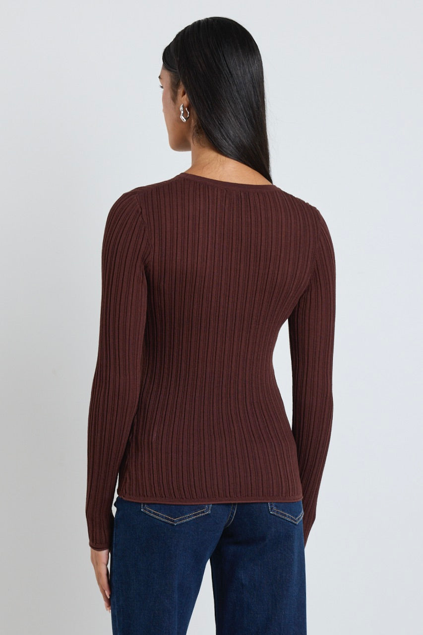 Fragment Chocolate Sheer Rib Long Sleeve Knit Top for Women - Elegant Casual Wear for Office, Date Night & Fall Layering