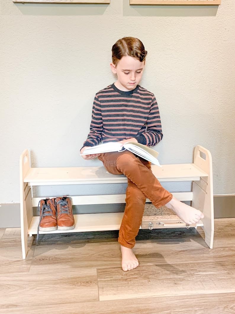 Adjustable Montessori Wooden Toddler Bench - Kids Playroom Furniture, Self Care Station & Shoe Bench for Toddlers - Perfect for Playrooms, Bedrooms & Entryways