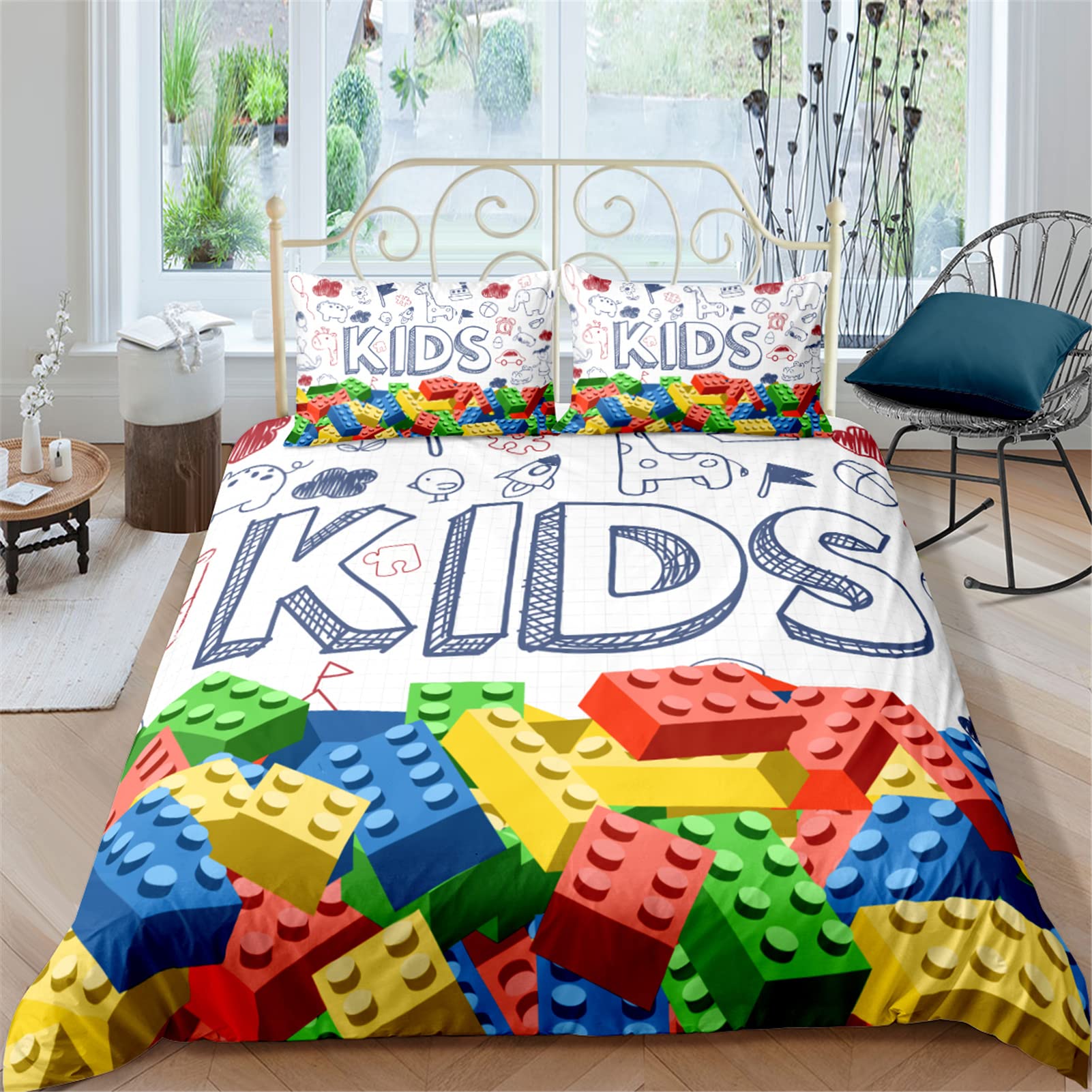 Colorful Kids Toy Building Blocks Comforter Cover Set - Queen Size Duvet Cover with 2 Pillowcases for Boys & Girls (Yellow, Orange, Green) | Fun Brick Pattern Bedding | Perfect for Kids' Rooms, Playrooms & Themed Bedrooms