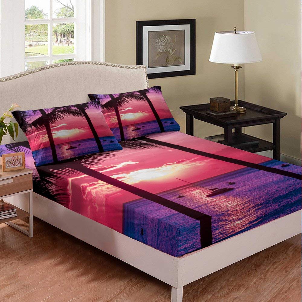 Sky Ocean Vessel Bed Sheet Set for Kids - Queen Size 3-Piece Bedding in Tree Fuchsia | Modern Palm Print for Boys & Girls | Holiday Chic Bed Cover & Decorative Sheets | Perfect for Kids' Rooms, Beach-Themed Decor & Tropical Bedroom Designs