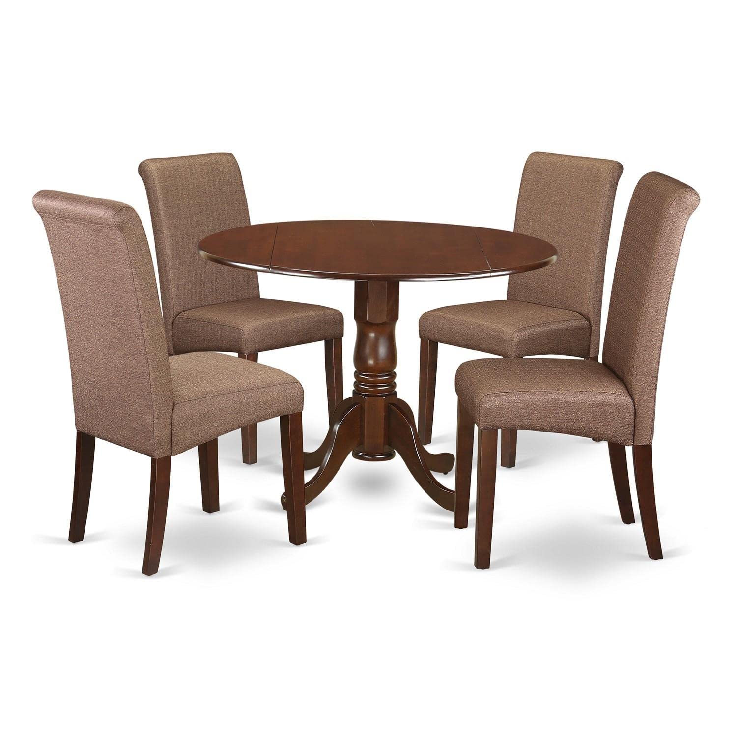 East West Furniture DLBA5-MAH-18 5-Piece Round Dining Table Set with Drop Leaf & 4 Brown Linen Fabric Parson Chairs, 42x42 Inch, Mahogany - Perfect for Small Kitchens, Breakfast Nooks & Cozy Dining Spaces