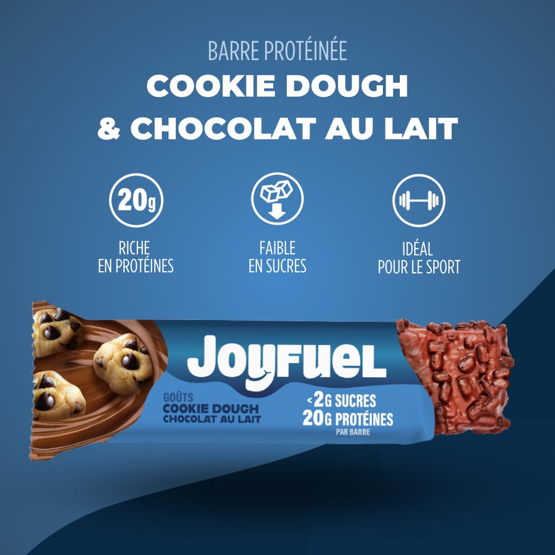 JOYFUEL Protein Bar - Milk Chocolate & Cookie Dough Flavor - Low Sugar (<2g) - High Protein (20g) - Box of 12 Bars (55g Each) - Perfect for Post-Workout Recovery, Healthy Snacking & On-the-Go Nutrition