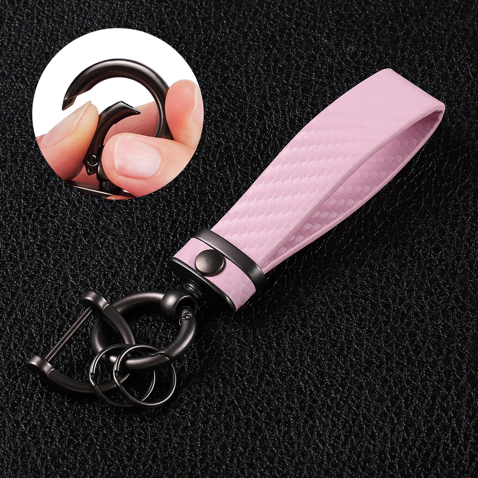 Premium Carbon Fiber Car Keychain with Microfiber Leather - Universal Key Holder for Men & Women - Anti-Lost D-Ring Key Fob (Light Pink) - Perfect for Car Keys, House Keys & Everyday Carry Accessories