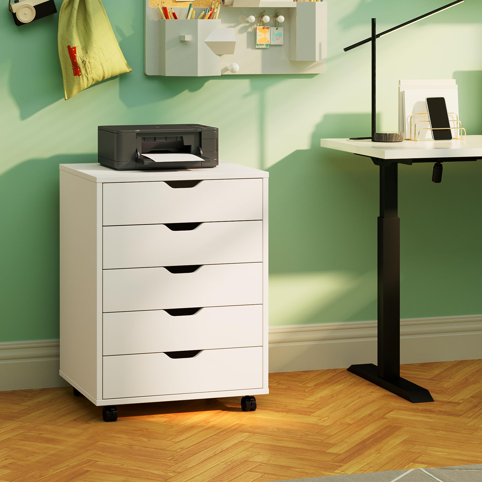MAXTOWN 5-Drawer Rolling Storage Dresser Cabinet with Wheels - White Under Desk Organizer for Home Office, Bedroom & Dorm - Perfect for Files, Stationery & Clothes Storage