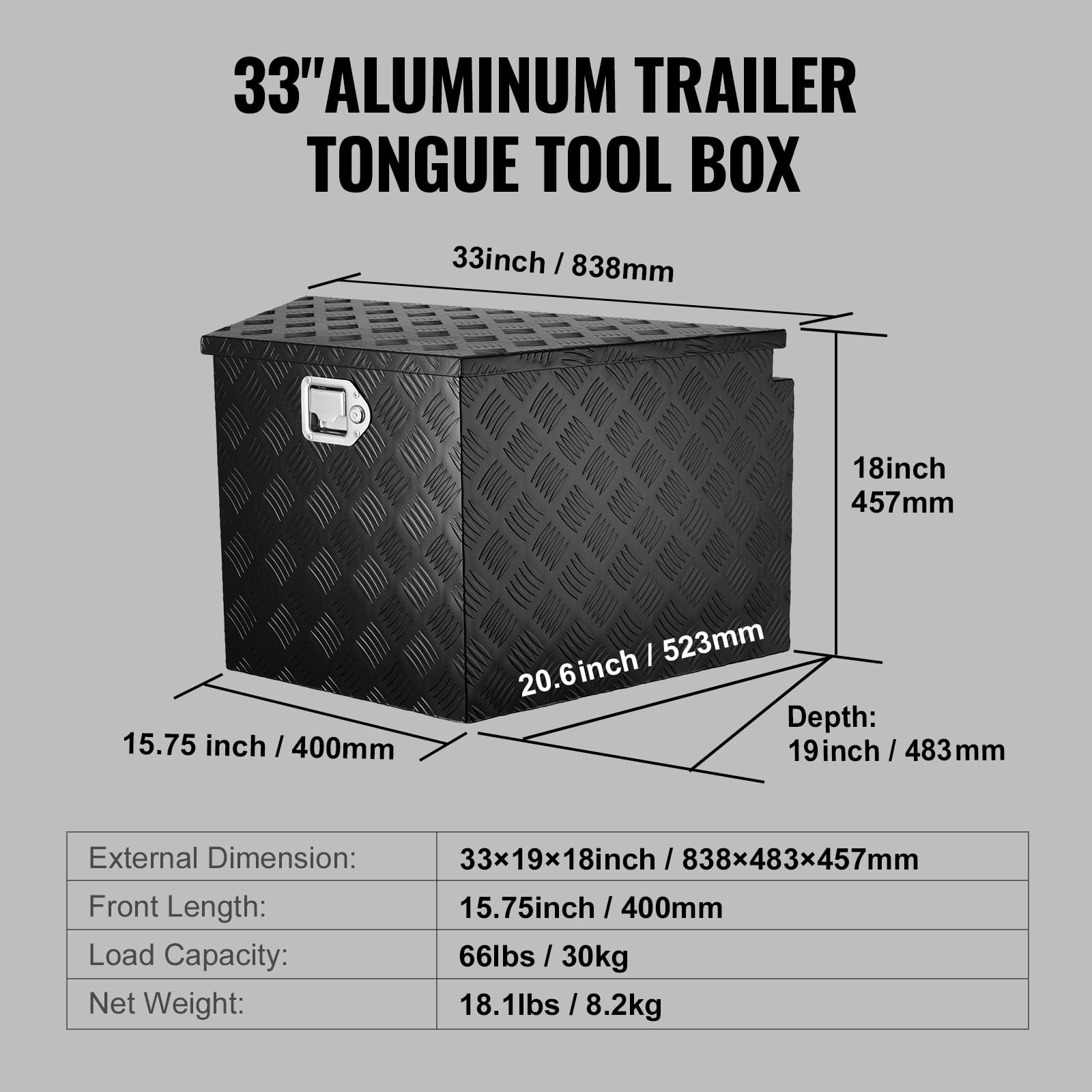 VEVOR Aluminum Alloy Diamond Plate Trailer Tongue Tool Box - Heavy Duty Lockable Storage Chest (33