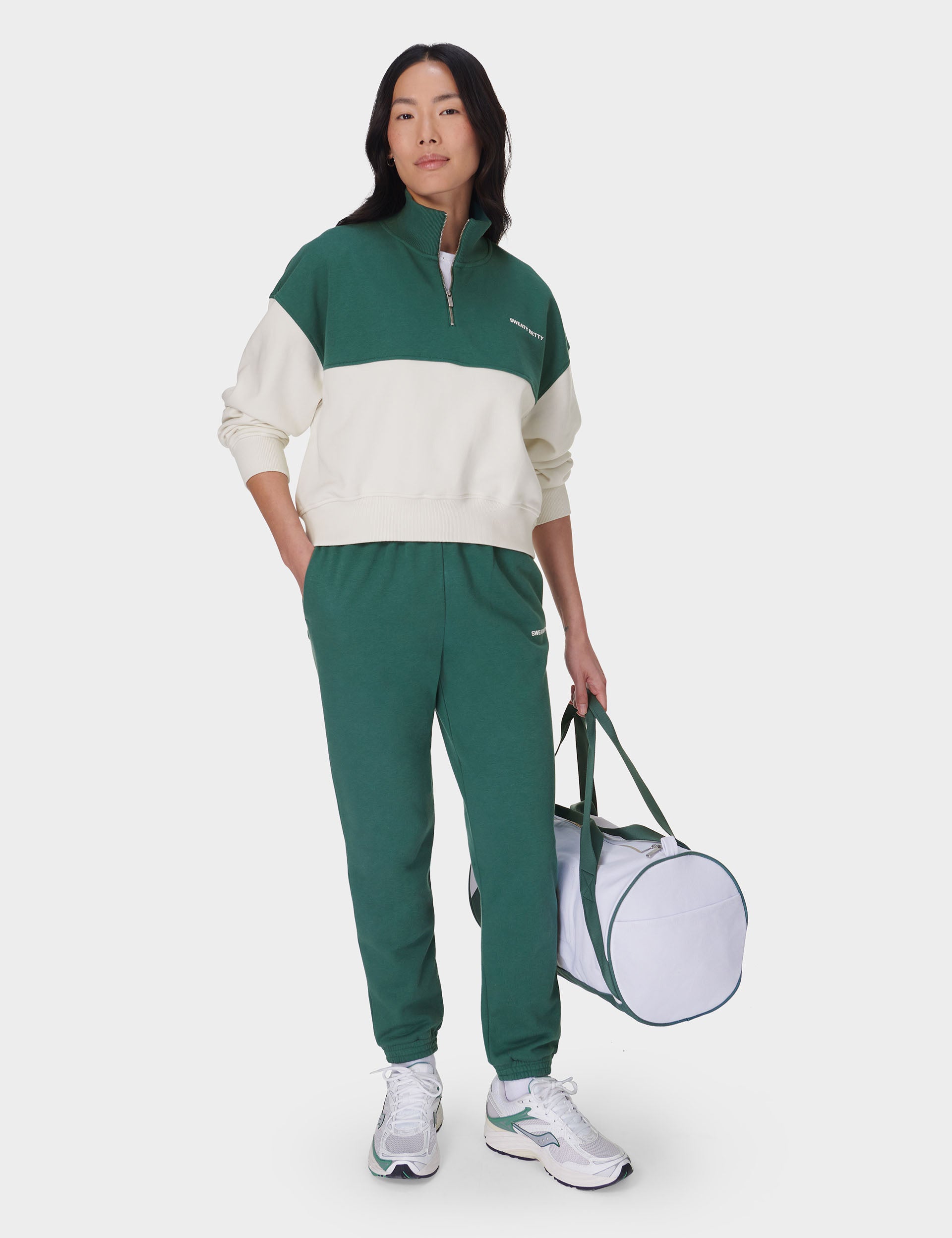 Revive Crop Half Zip Sweatshirt - Glade Green Color Block Pullover for Women | Trendy Casual Wear for Gym, Yoga & Street Fashion