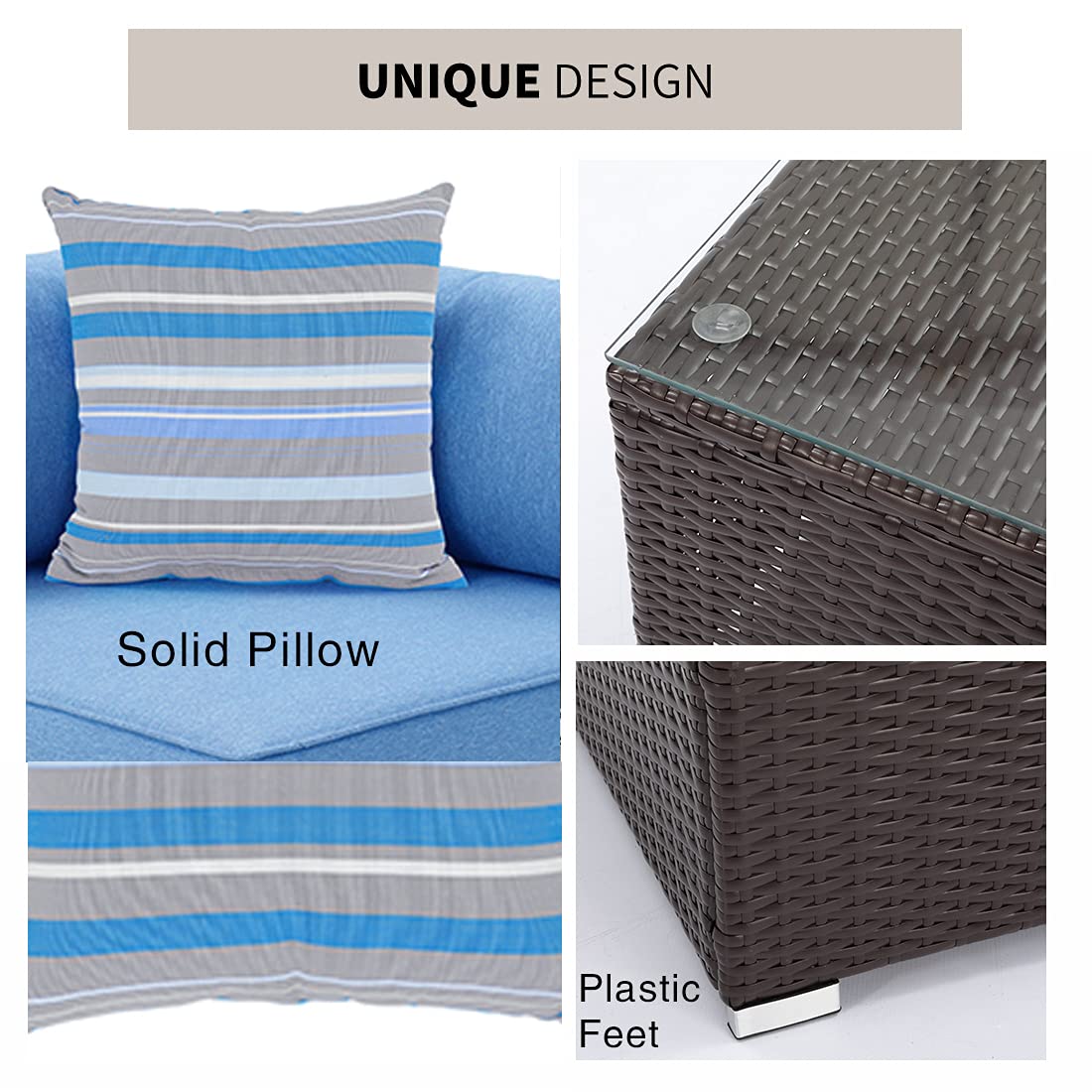 HOMPUS 7-Piece Outdoor Patio Sofa Set - All-Weather Chocolate Brown Wicker Sectional Furniture with Royal Blue Cushions, 2 Striped Pillows & Glass Coffee Table - Perfect for Garden, Backyard, Poolside & Patio Relaxation