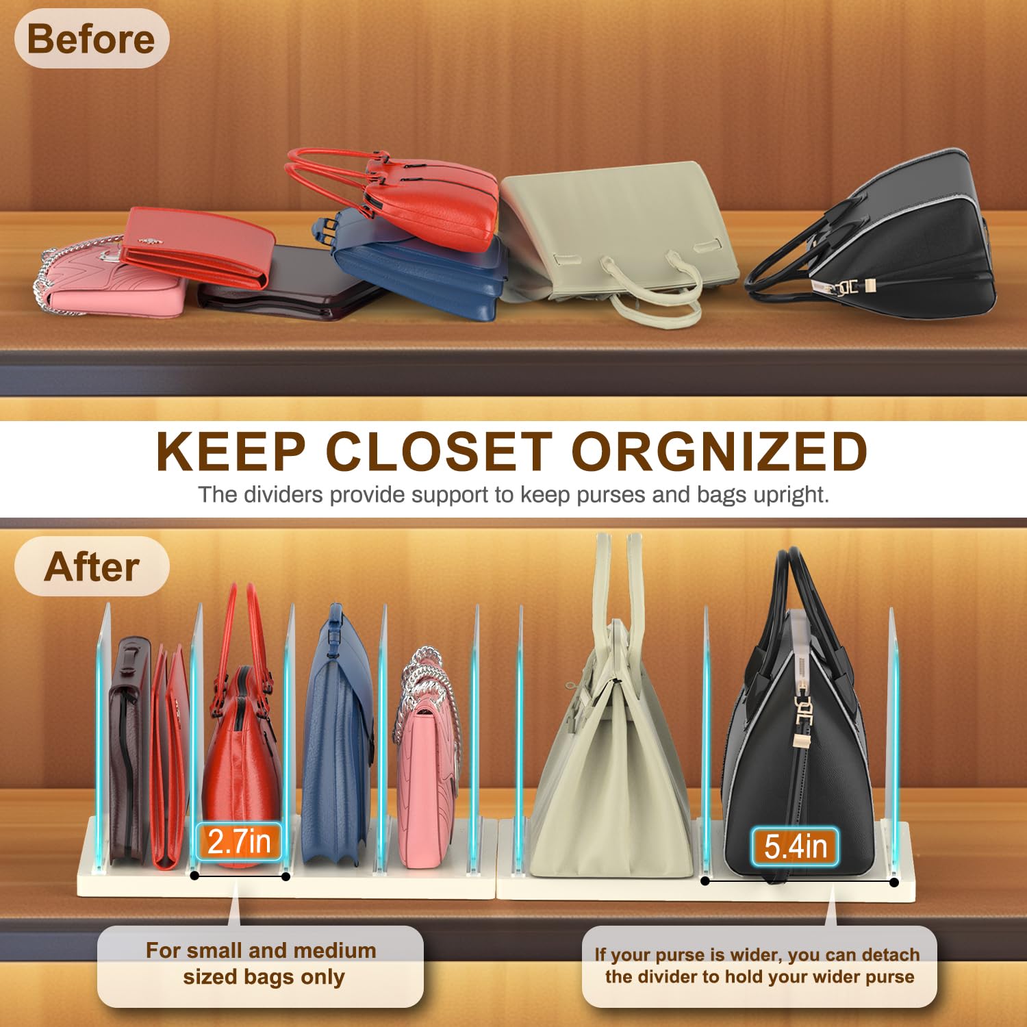 2-Pack Clear Frosted Plastic Shelf Dividers for Closet - Handbag & Purse Organizer with 4 Slots - Perfect for Wallets, Clutches & Bag Storage (Ideal for Closet Organization & Space Saving)