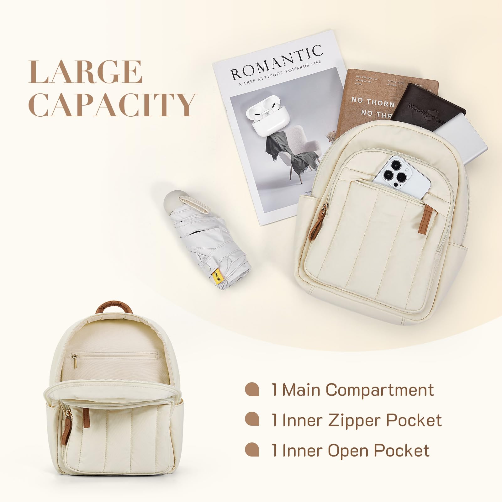 Missnine Mini Backpack for Women - Lightweight Quilted Small Backpack Purse, Water-Resistant Puffer Daily Bag in Brown & Beige - Perfect for Travel, School, and Everyday Use