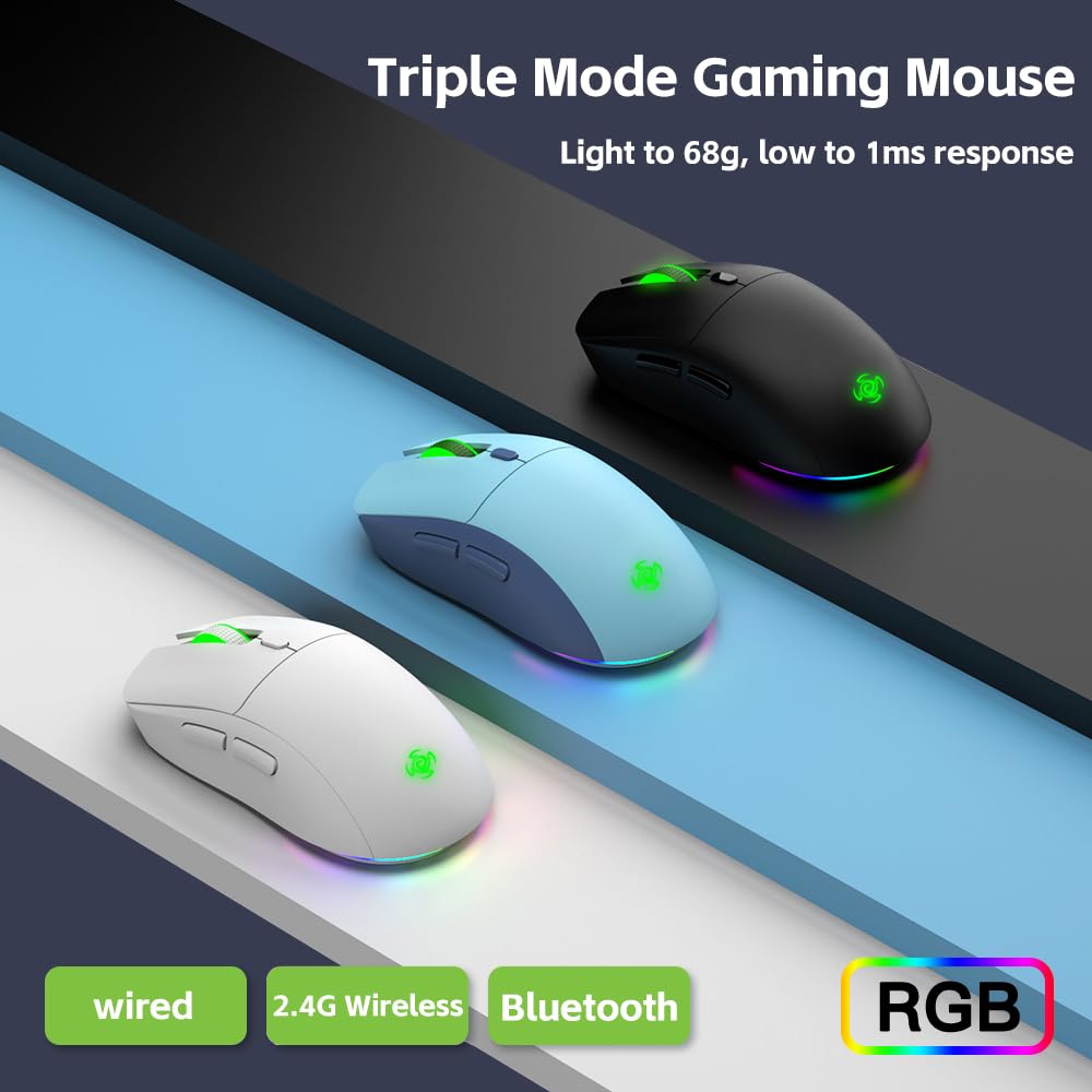 Wireless Gaming Mouse with 4800 DPI - Bluetooth/2.4G/Wired 3-in-1 Connectivity, RGB Backlit, 6 Programmable Buttons & Pro Software for PC, Mac, Laptop - Perfect for FPS, MOBA Games & Office Work