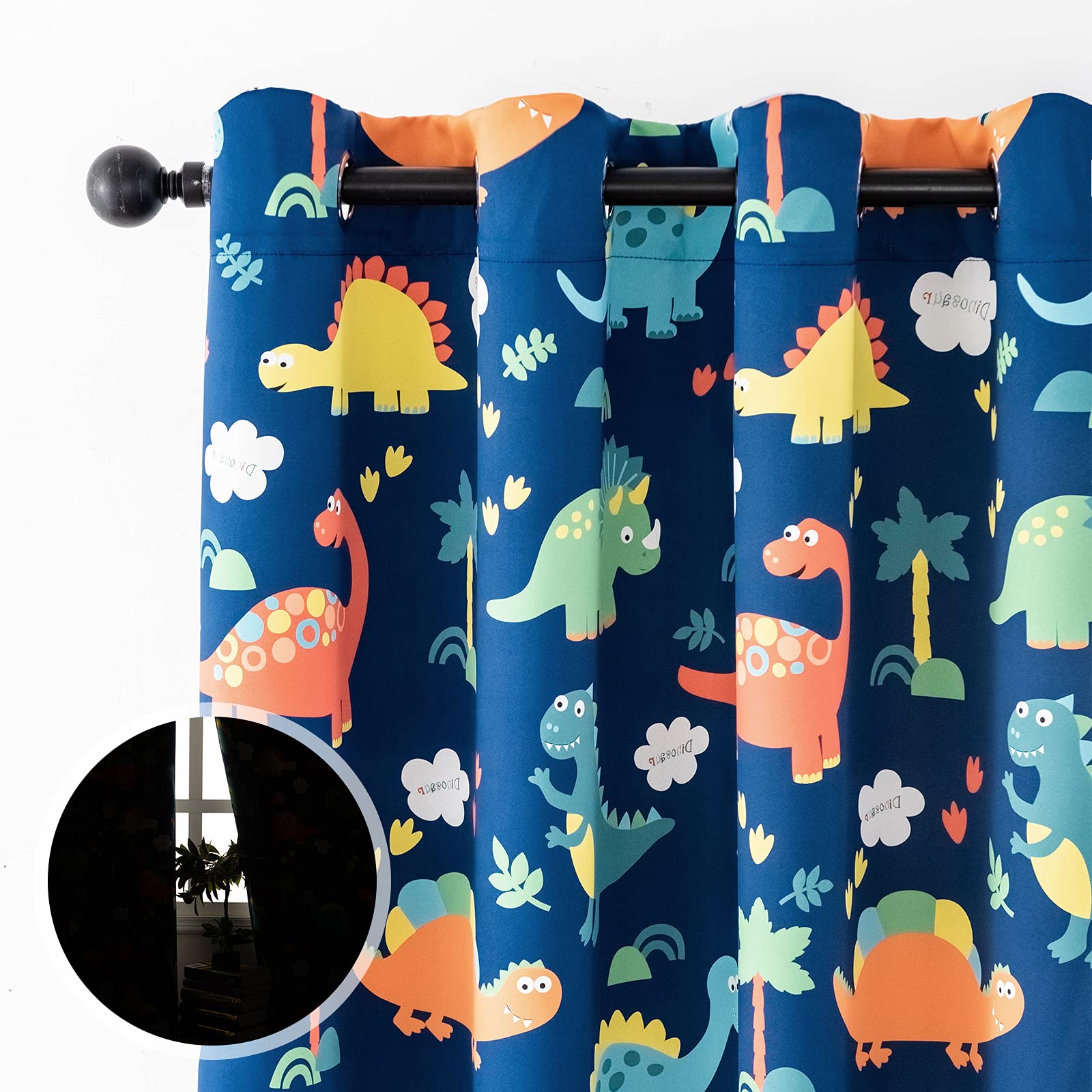 Blackout Curtains for Kids Bedroom - Thermal Insulated Darkening Dinosaur Print Curtains Set of 2 Panels (52