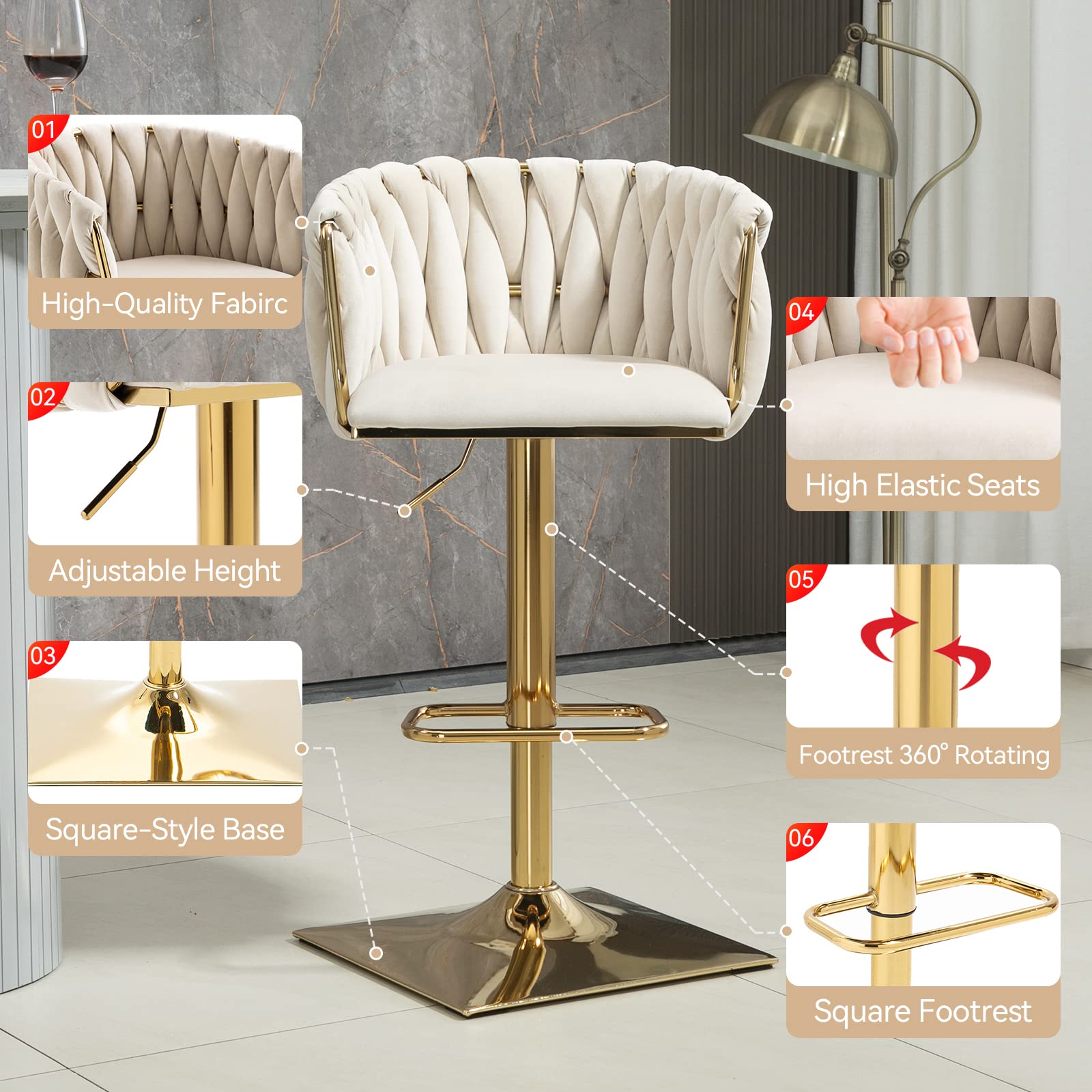 NIOIIKIT Velvet Upholstered Swivel Bar Stool Set of 2 - Counter Height Dining Chairs with Hand Woven Backrest & Footrest - Kitchen Island, Pub, Bar Counter Stools for Home & Restaurant (Ivory)
