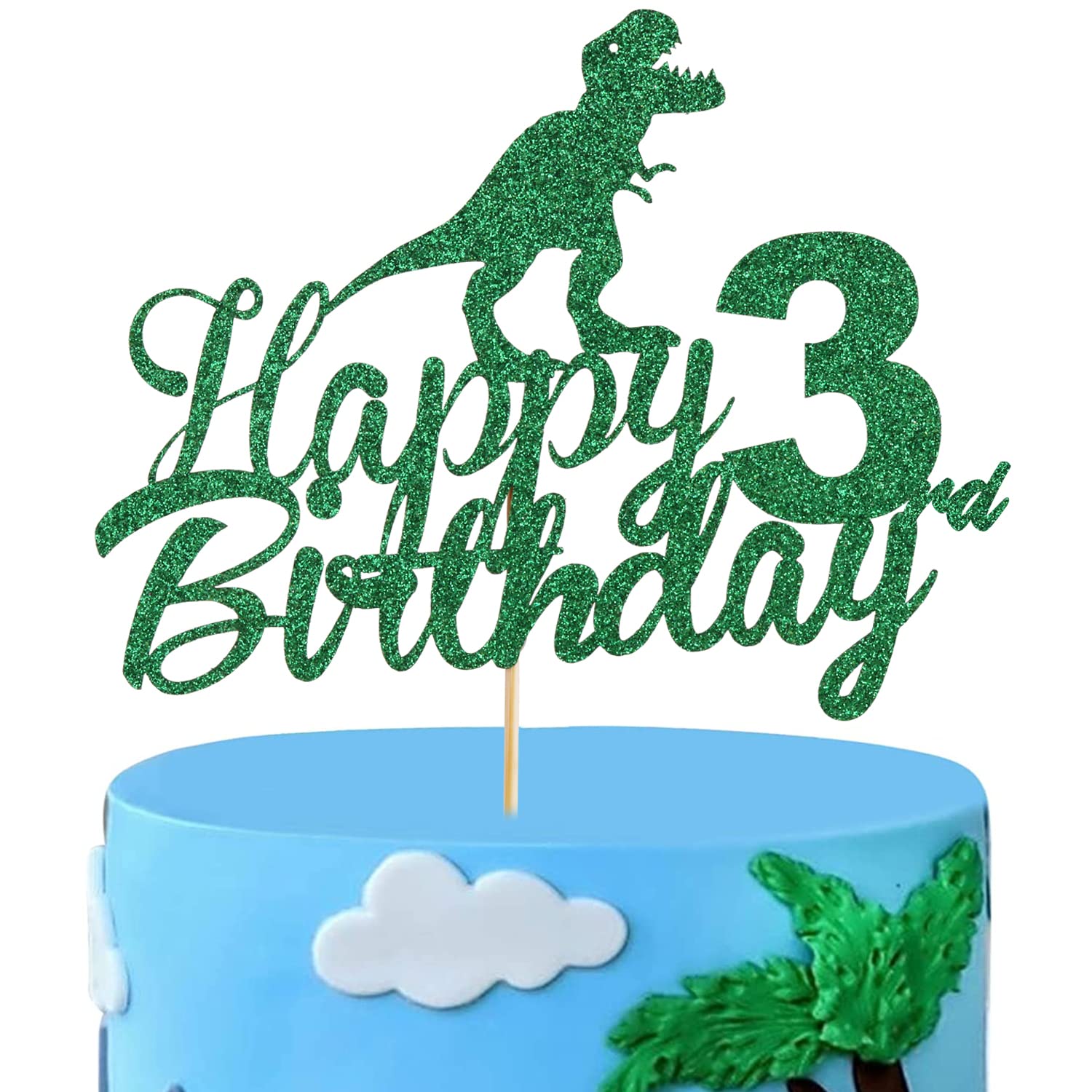 Anxdh Dinosaur Cake Topper for 3rd Birthday - Sparkling Happy Birthday Dinosaur Decorations for Boys & Kids - Roaring Dino Theme Party Supplies - Perfect for Birthday Cakes, Cupcakes & Dessert Tables