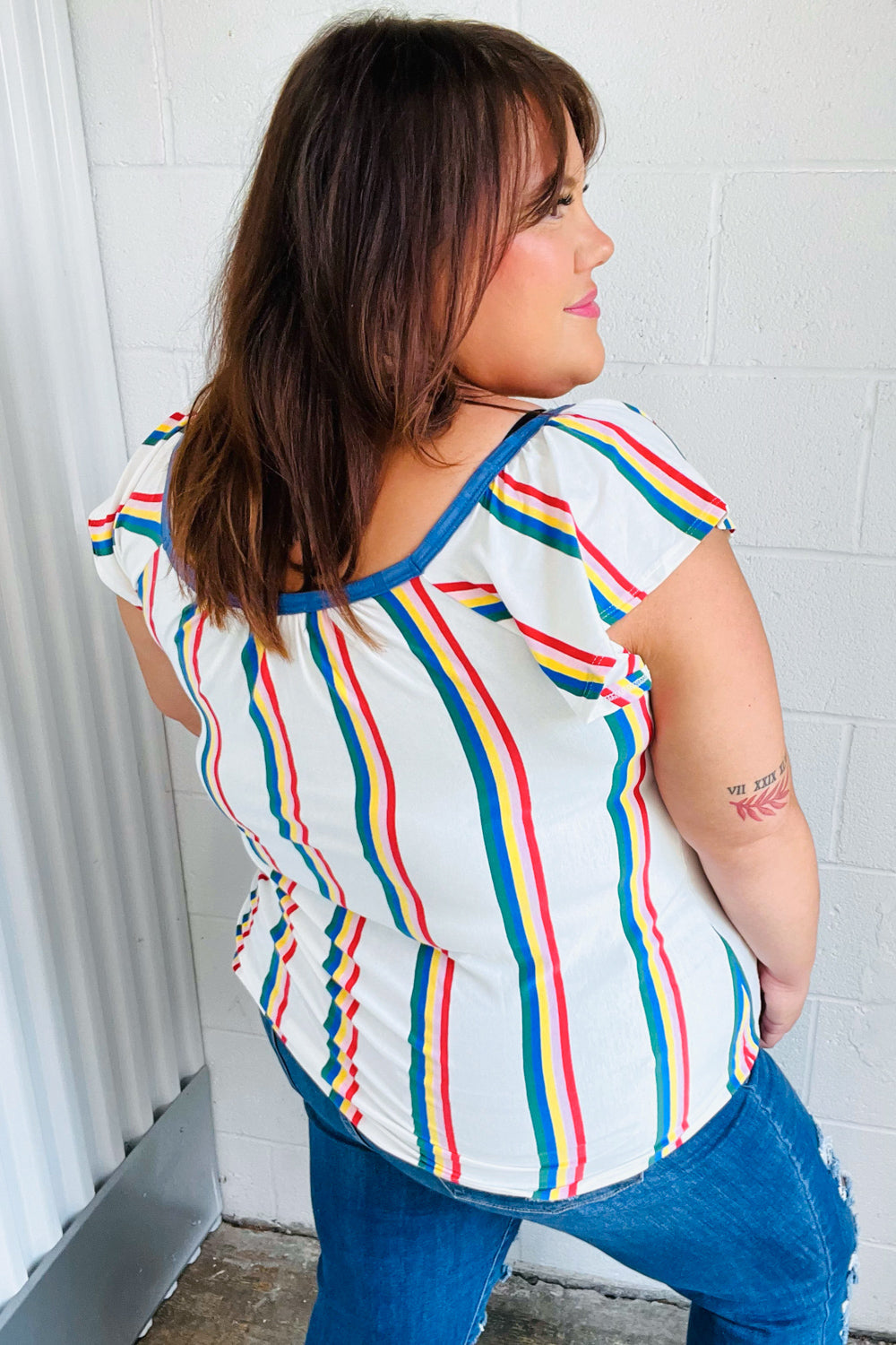 Stylish Multicolor Striped Raglan Flutter Sleeve Top for Women - Casual & Boho Chic Outfit for Summer, Beach, and Music Festivals