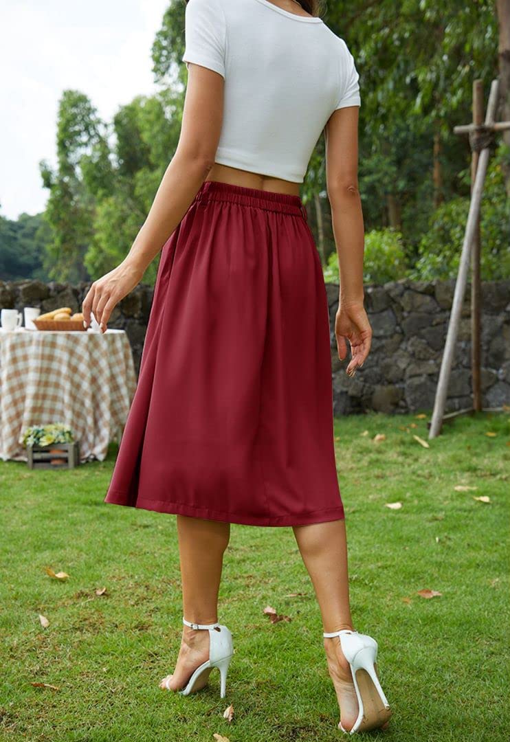 Stylish Pleated A-line Midi Skirt with Elastic Waist & Front Buttons | Women's Casual Flared Long Skirt with Pockets | Perfect for Office Wear, Date Nights & Spring Outfits