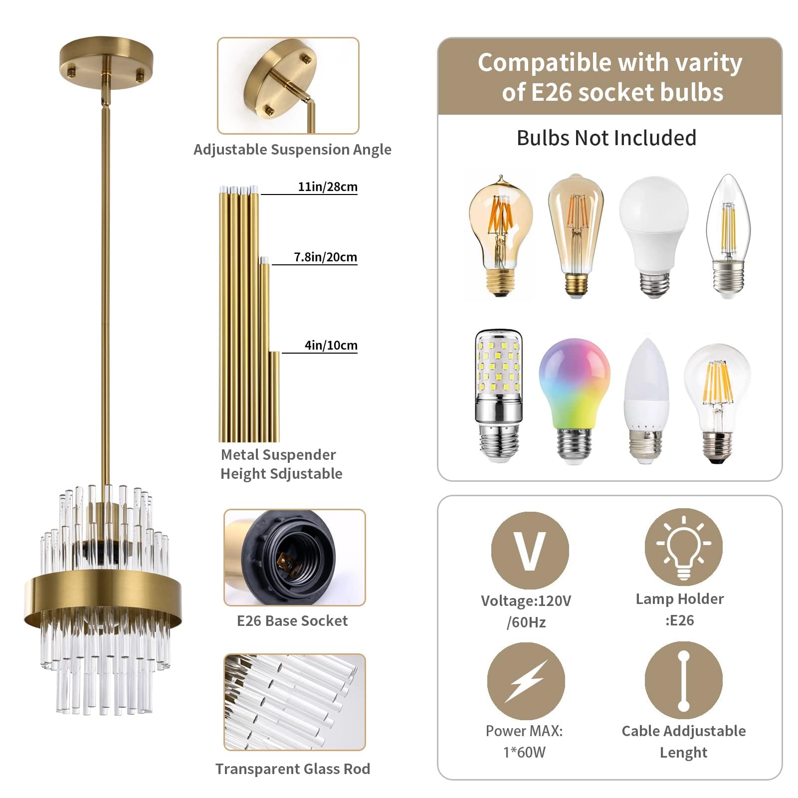 Modern Glass Pendant Light Fixtures - 7 Inch Brass Kitchen Island Lighting (2 Pack) - Adjustable Height for Dining Room, Bar Counter & Home Decor