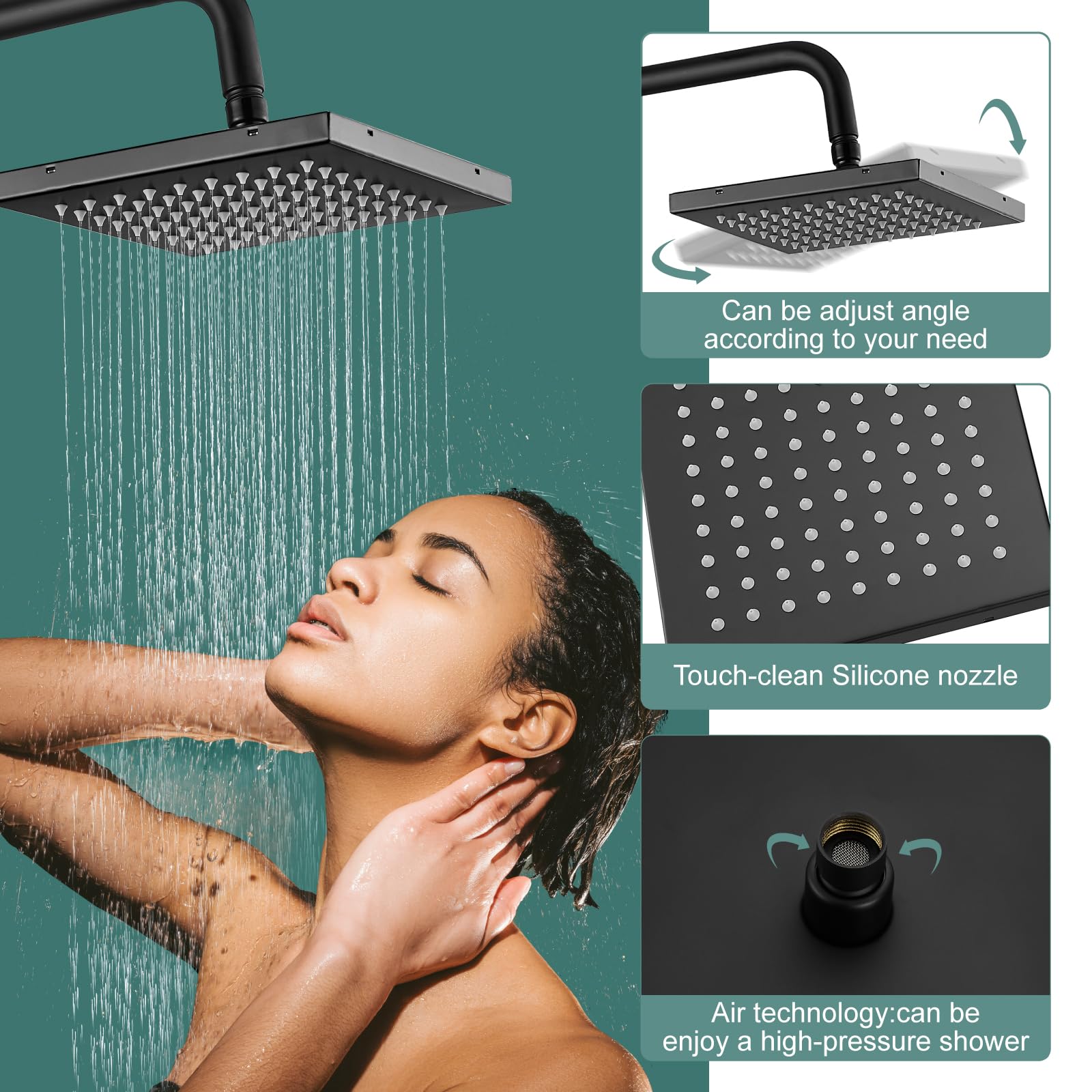 Matte Black Rain Shower System Set - 3 Function Exposed Shower Faucet with 8 Inch Swivel Rainfall Shower Head & Handheld Sprayer - Complete Bathroom Shower System with Wall Mount Tub Spout - Perfect for Modern Master Bathrooms and Spa-Like Showers