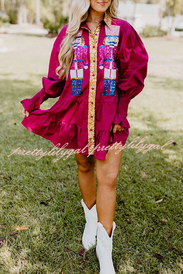 Sparkly Nutcracker Sequin Button Down Long Sleeve Mini Party Dress for Christmas, Holiday, and New Year's Eve Celebrations