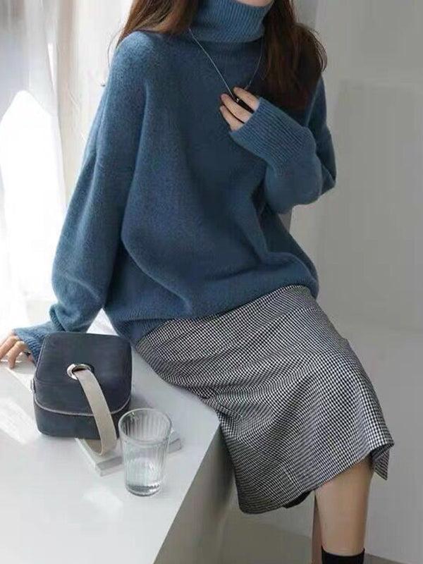 Lovevop Women's Casual Loose Fit Long Sleeve High Neck Sweater Top - Solid Color Pullover for Fall Winter Layering, Office Wear & Everyday Outfits