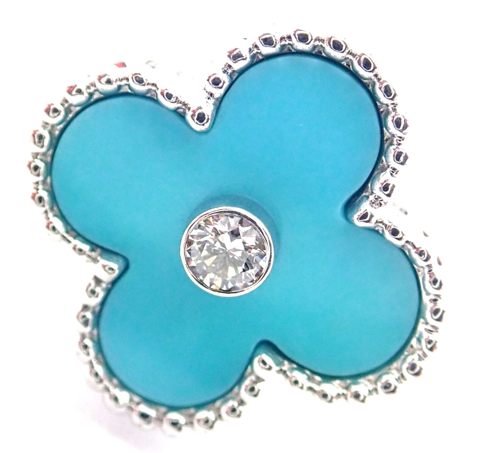 Authentic Van Cleef & Arpels Alhambra 18k White Gold Diamond Turquoise Ring - Luxury Jewelry for Weddings, Anniversaries & Special Occasions