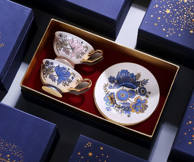 Elegant Ceramic Coffee Cups & British Tea Set with Iris Flower Design - Royal Bone China Porcelain Tea Cup and Saucer Set in Gift Box - Perfect for Afternoon Tea, Gifts, and Home Decor