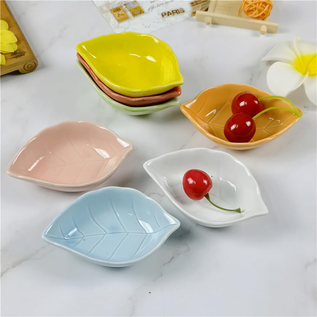 WAIT FLY 4-Piece Green Ceramic Leaf-Shaped Condiment Bowls - Perfect for Seasoning Dishes, Tea Bag Holders, Ketchup Saucers, Appetizer Plates, and Sushi Wasabi Dipping - Ideal for Kitchen, Dining Table, and Party Serving