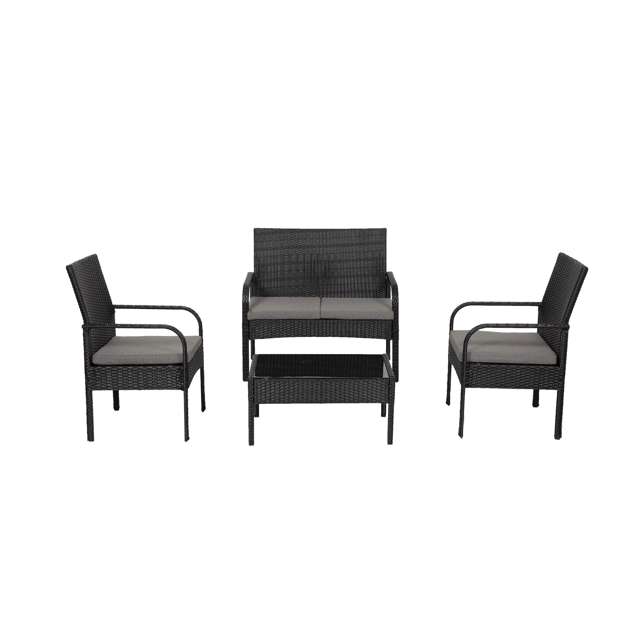 WestinTrends Roadhill 4-Piece All-Weather PE Rattan Patio Furniture Set - Black & Gray Wicker Loveseat with Tempered Glass Coffee Table - Perfect for Outdoor Garden, Poolside, and Backyard Relaxation