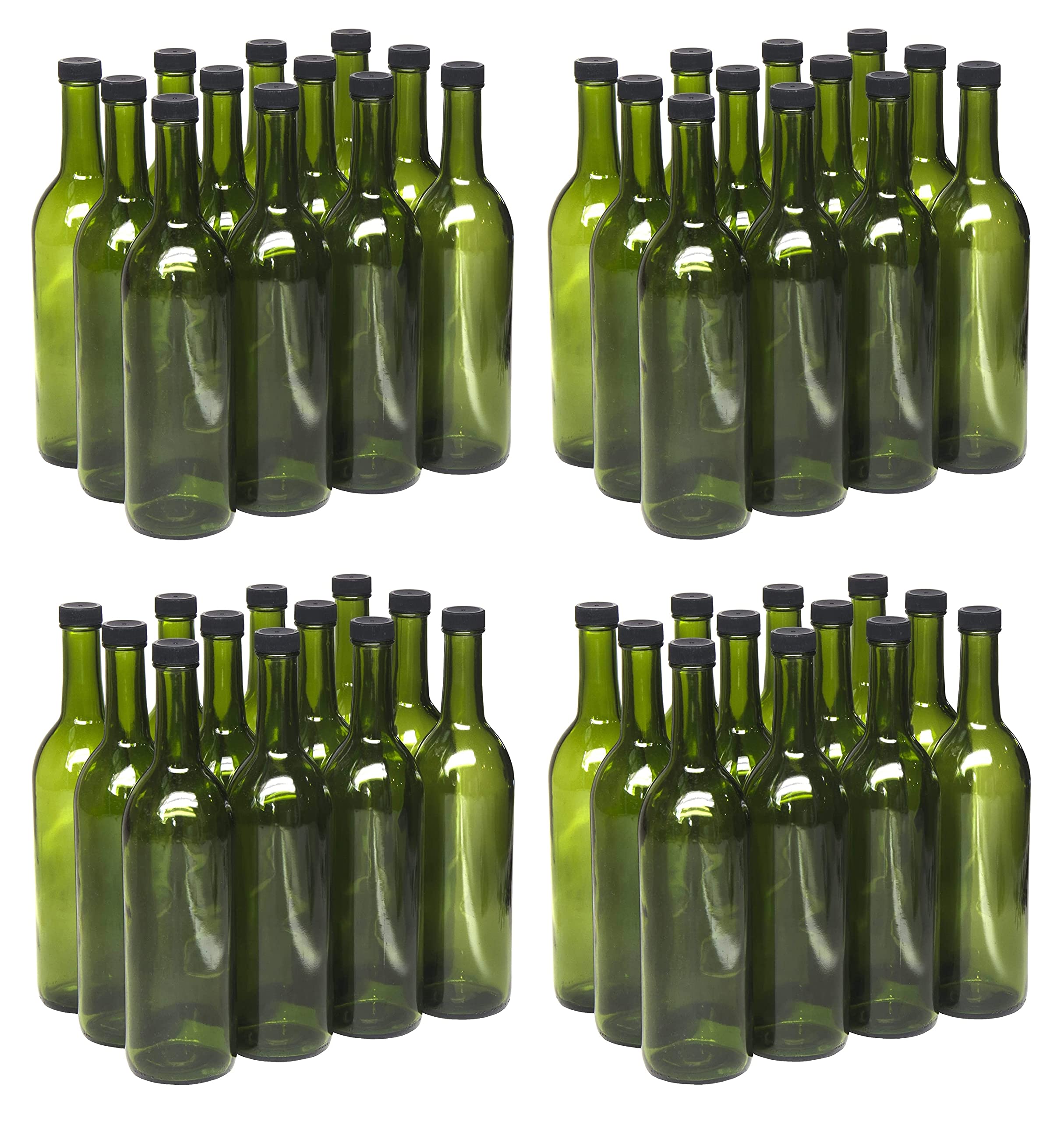750ml Champagne Green Glass Bordeaux Wine Bottles with 28mm Black Plastic Screw Caps - 48 Pack (4 Cases of 12) - Perfect for Home Brewing, Wine Making & Craft Cocktails | Durable Flat-Bottom Design for Easy Storage