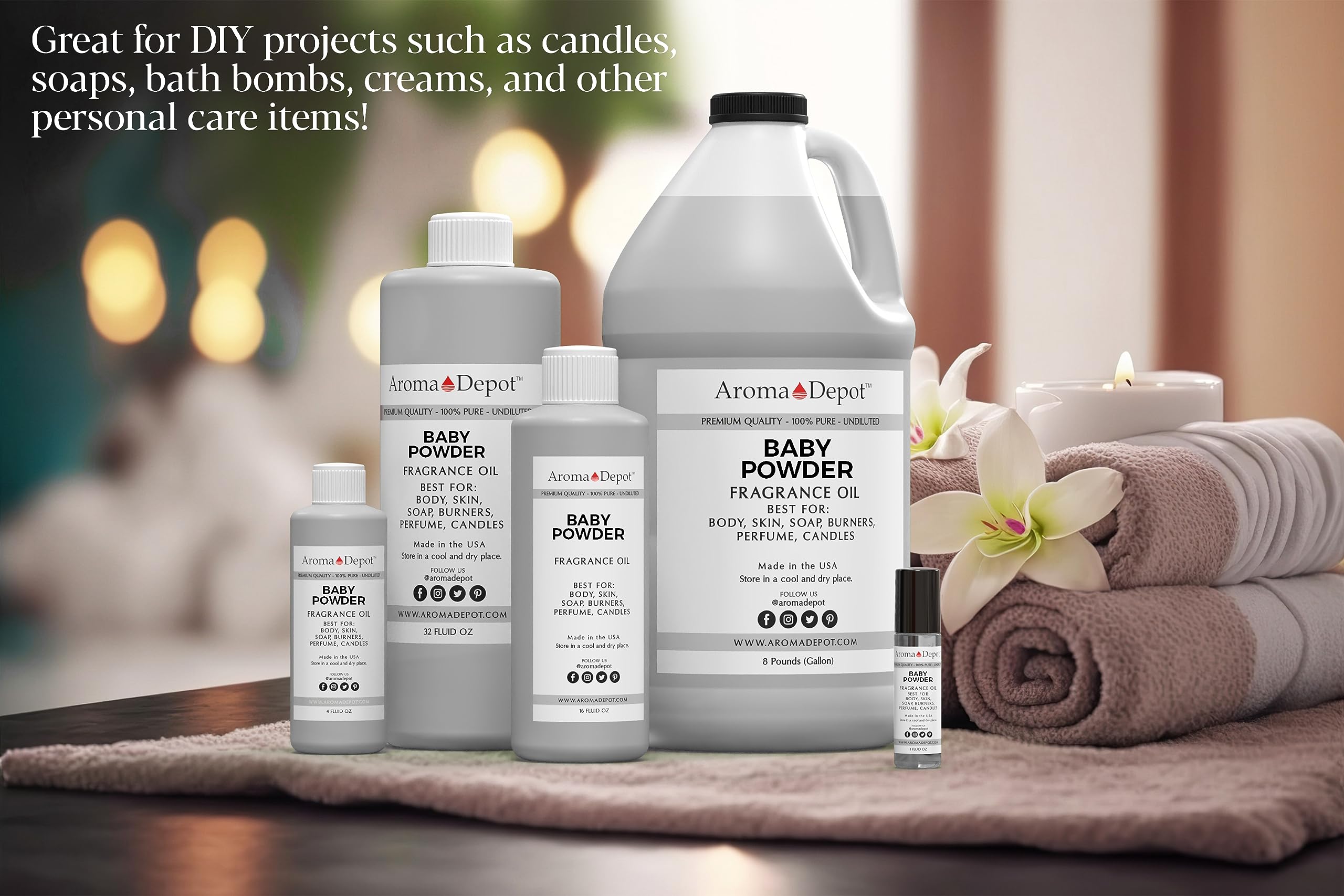 Premium Baby Powder Fragrance Oil - Aroma Depot Uncut Perfume & Body Oil (32oz/960ml Plastic Bottle) - 7 Sizes Available for DIY, Massage & Aromatherapy