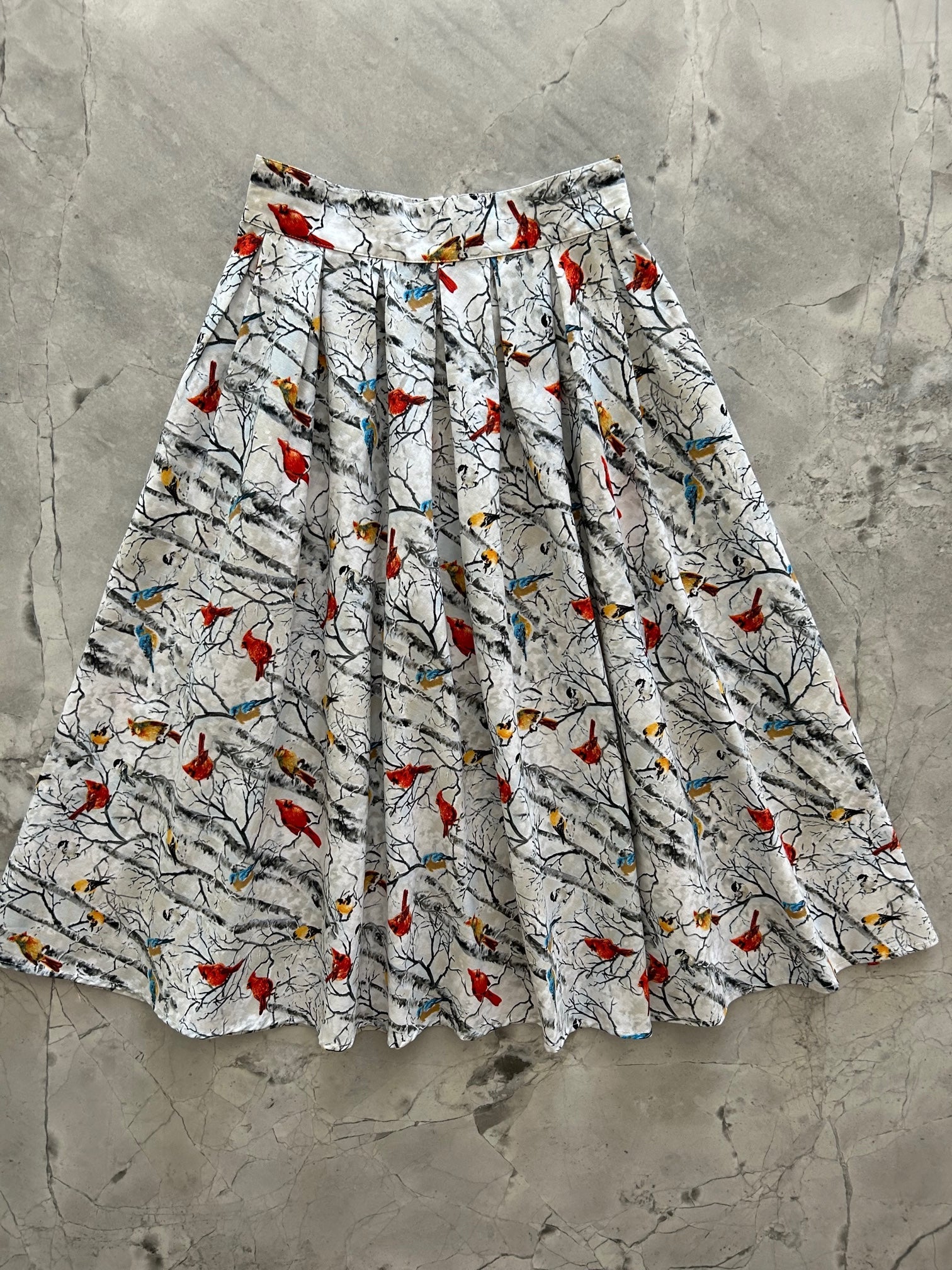 Birds on Birch Trees Doris Skirt - Floral Print A-Line Midi Skirt for Women | Perfect for Spring Outfits, Garden Parties & Boho Fashion
