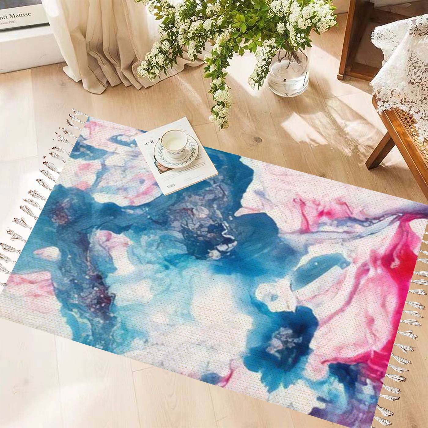Hand-Painted Cotton & Linen Boho Rug - Blue & Pink Retro Tassel Design, Washable Woven Runner Mat for Kitchen, Bathroom, Outdoor Decor | Vintage Acrylic Painting Inspired Area Carpet for Living Room, Bedroom & Patio