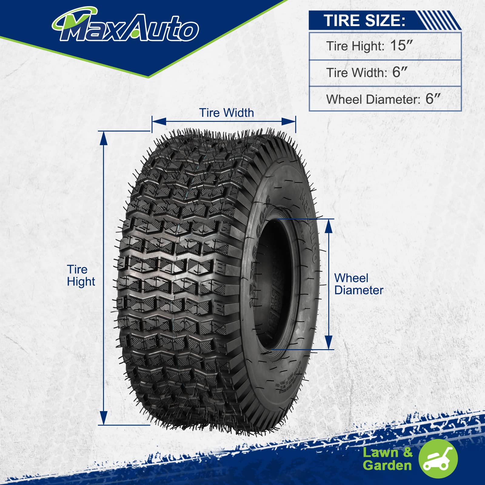 MaxAuto FOX V1 15x6.00-6 NHS Tubeless Lawn Mower Tires - Set of 2 (4-Ply, 570 lbs Capacity) - Compatible with Riding Mowers, Lawn Tractors & Golf Carts - Durable All-Terrain Tires for Yard Work, Landscaping & Golf Course Maintenance