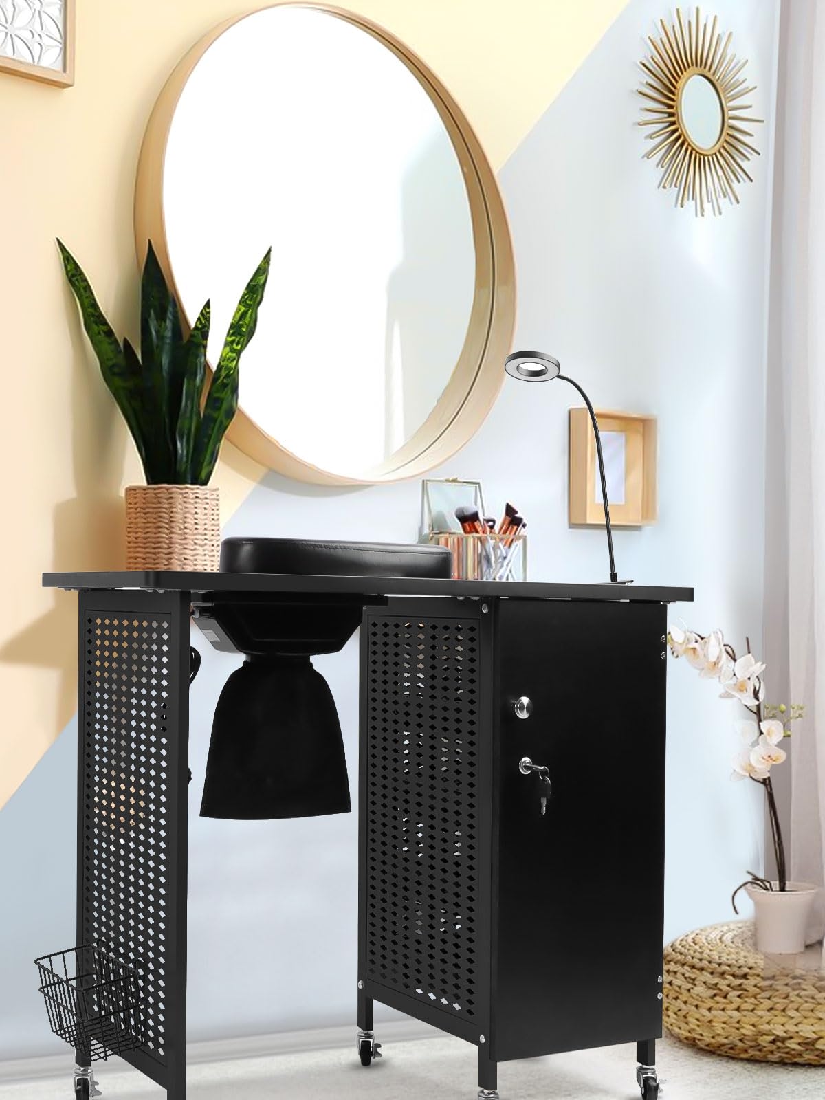 **Kalolary Professional Manicure Nail Table with Dust Collector – Portable Nail Salon Station with 4 Drawers, LED Lights & Wrist Rest – Ideal for Home, Spa, Beauty Salon & Mobile Nail Technicians (Black)**    *Perfect for manicures, pedicures, nail art, and professional salon services!*