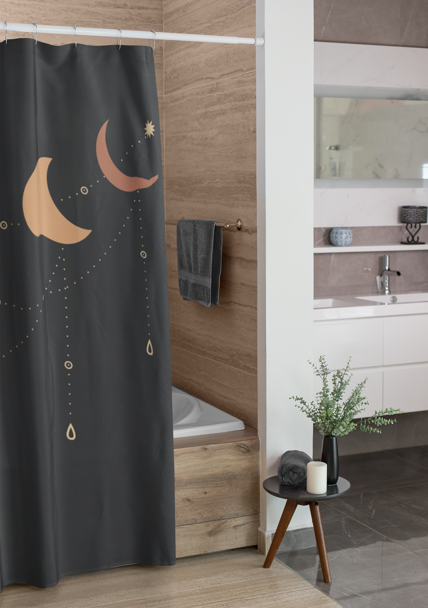 Black Moon Phases Shower Curtain - Waterproof Bathroom Decor for Modern & Boho Homes - Perfect for Showers, Bathtubs & Spa Retreats