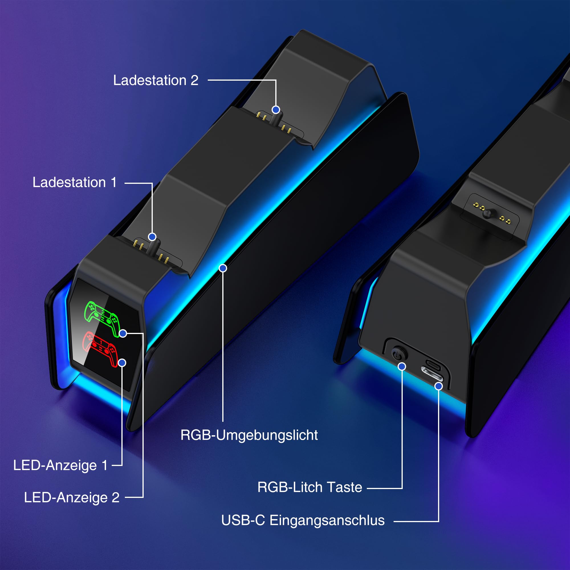 PS5 Controller Charging Station with RGB Lights - Fast 2-Hour Charging Dock for PS5 DualSense & Edge Controller (Black) - Perfect for Gaming Setups & Multiplayer Sessions