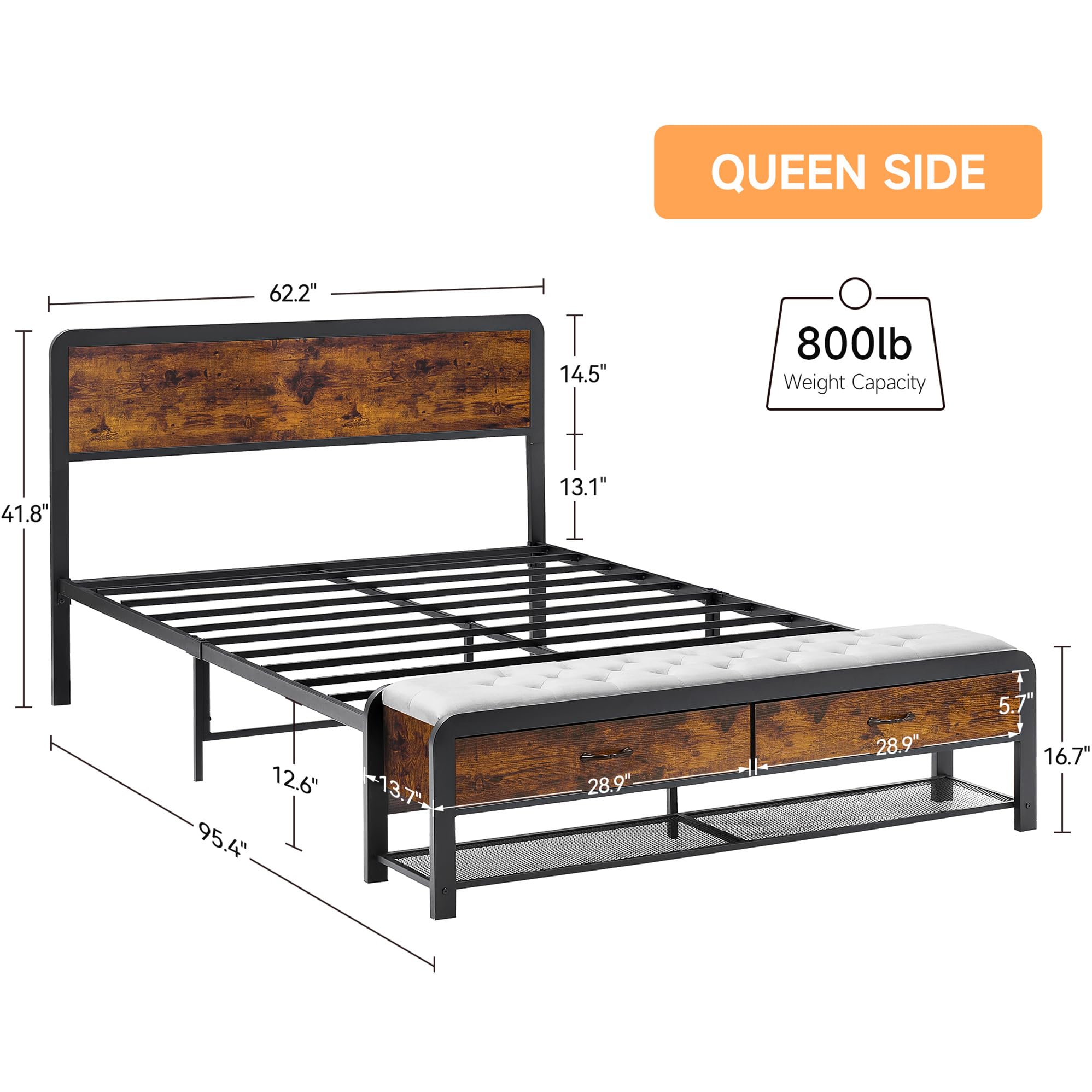 IDEALHOUSE 3-Piece Queen Bedroom Set with Storage - Bed Frame & Headboard, Nightstand with Charging Station & Drawer Bench | Perfect for Small Spaces & Guest Rooms