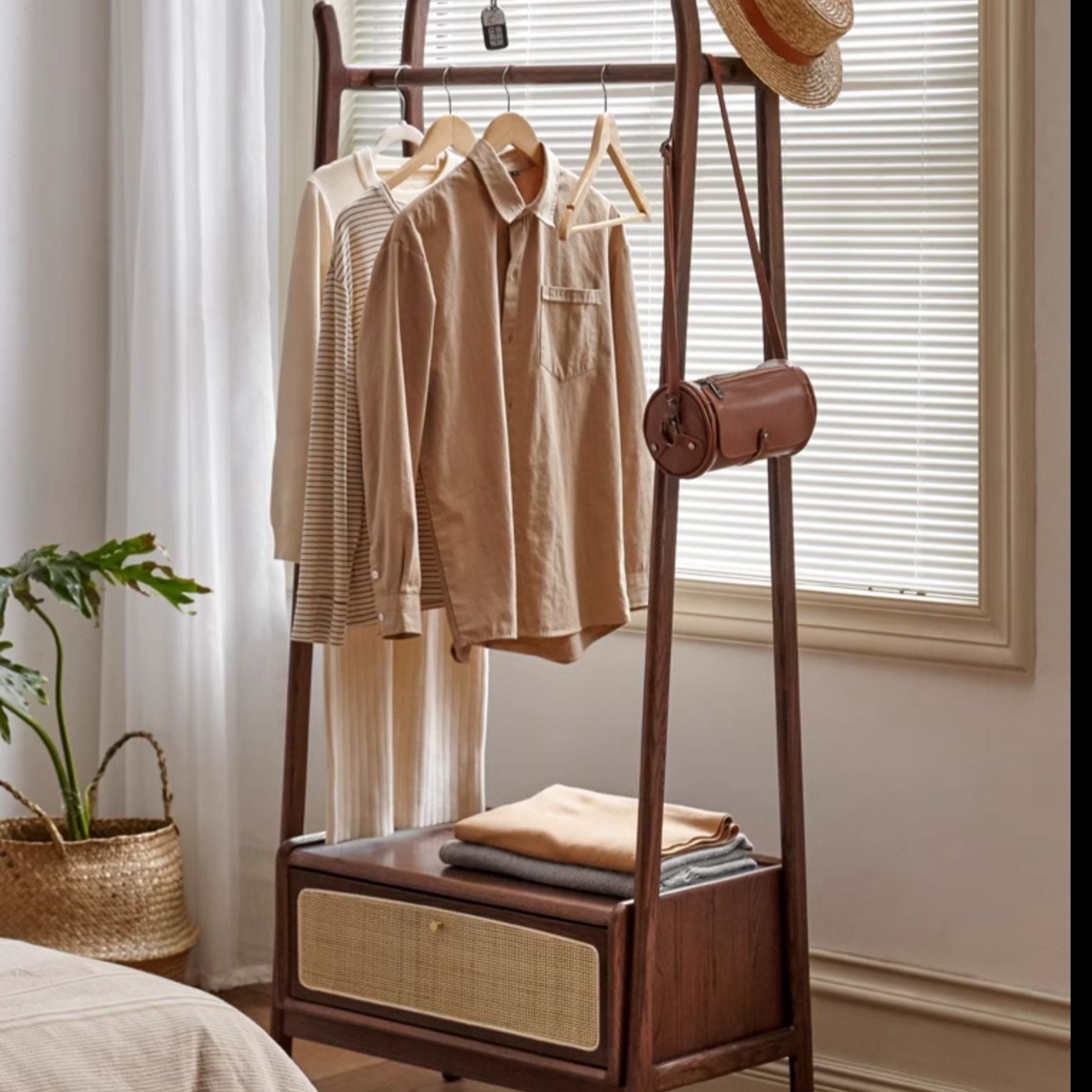 Oak Walnut Rattan Coat Hanger - Multi-Functional Wall Mounted Coat Rack for Jackets, Hats & Bags | Perfect for Entryway, Bedroom & Closet Organization