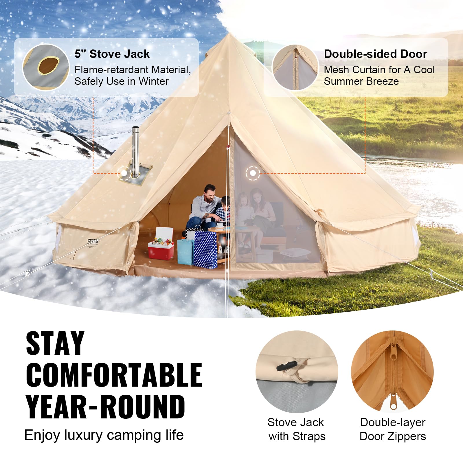 VEVOR 4-Season Canvas Bell Tent with Stove Jack - Breathable Yurt Tent for Camping, Hunting & Outdoor Adventures - Fits 4 People - Perfect for Family Camping, Backpacking & Glamping