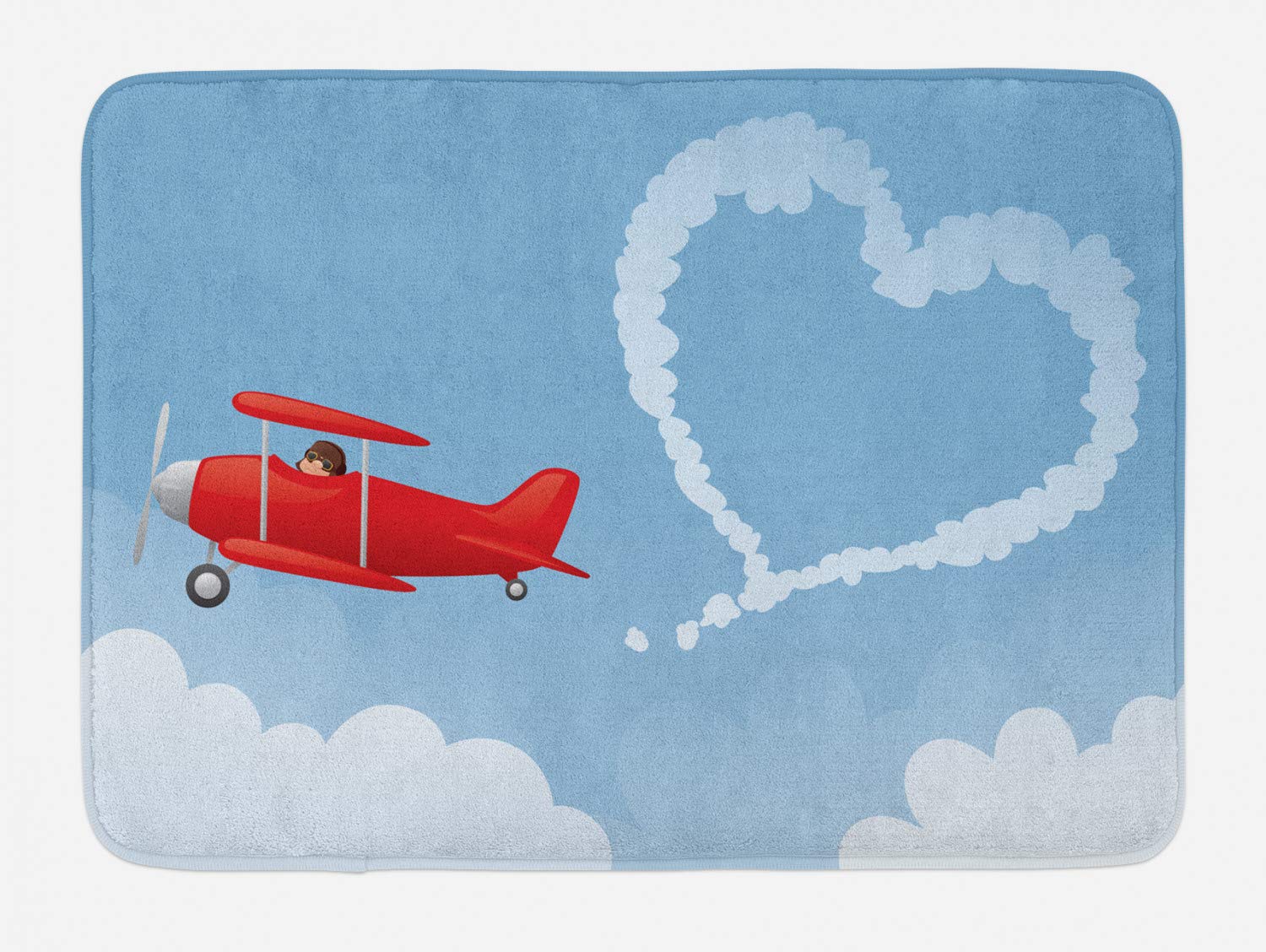 Ambesonne Vintage Plane Smoke Bath Mat - Non-Slip Plush Bathroom Rug with Heart Shape Trails, 30.2 x 20 Inches, Multicolor & Pale Blue - Perfect for Aviation Enthusiasts & Unique Home Decor