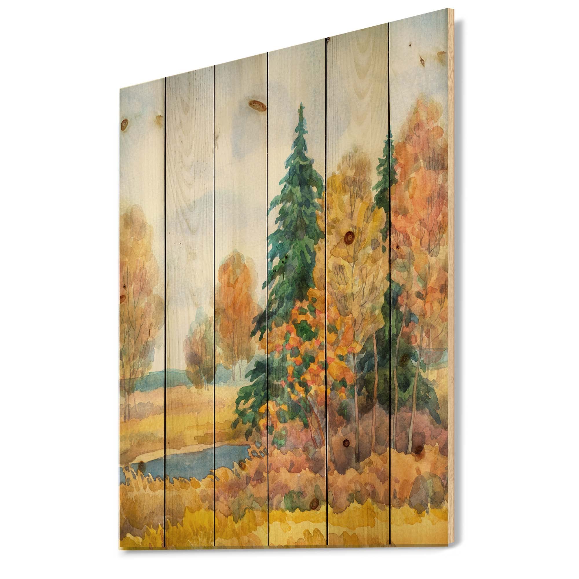 Autumn Forest Lakeside Wood Wall Art - Large Landscape Pine Wood Panel Decor for Living Room, Bedroom & Office - Nature-Inspired Home Décor