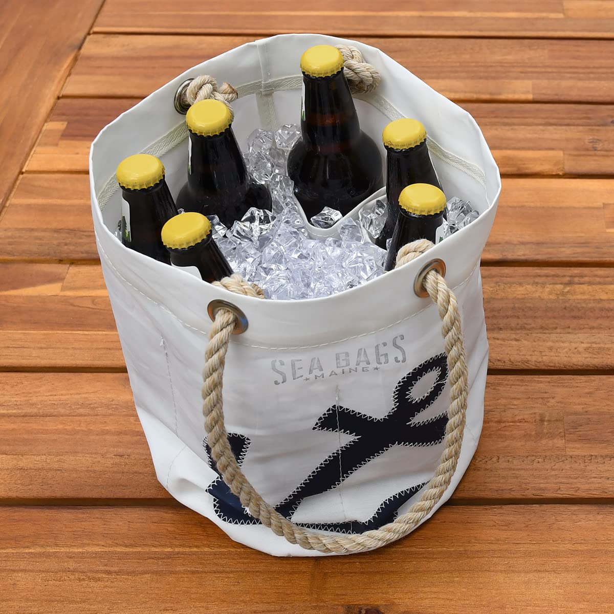 Sea Bags Recycled Sail Cloth Navy Anchor Beverage Bucket Bag - Collapsible Cooler with Interior Pockets & Rope Handles | Perfect for Beach Trips, Picnics, Boating & Outdoor Adventures