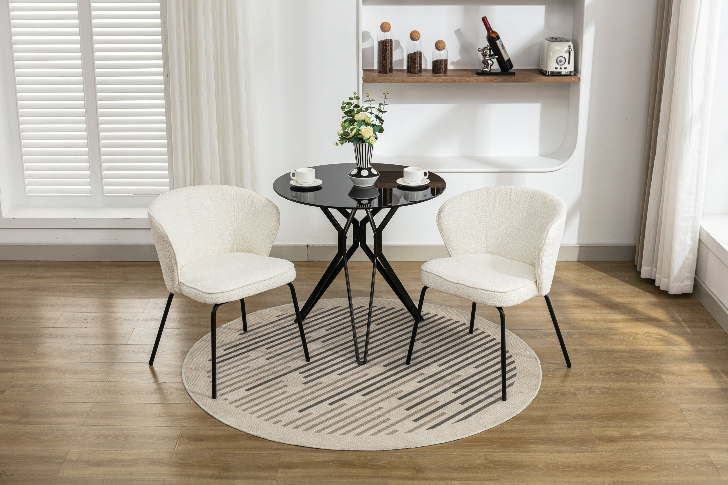 Set of 2 Modern Boucle Fabric Dining Chairs with Black Metal Legs in Ivory - Comfortable Upholstered Side Chairs for Kitchen, Dining Room, and Office Use