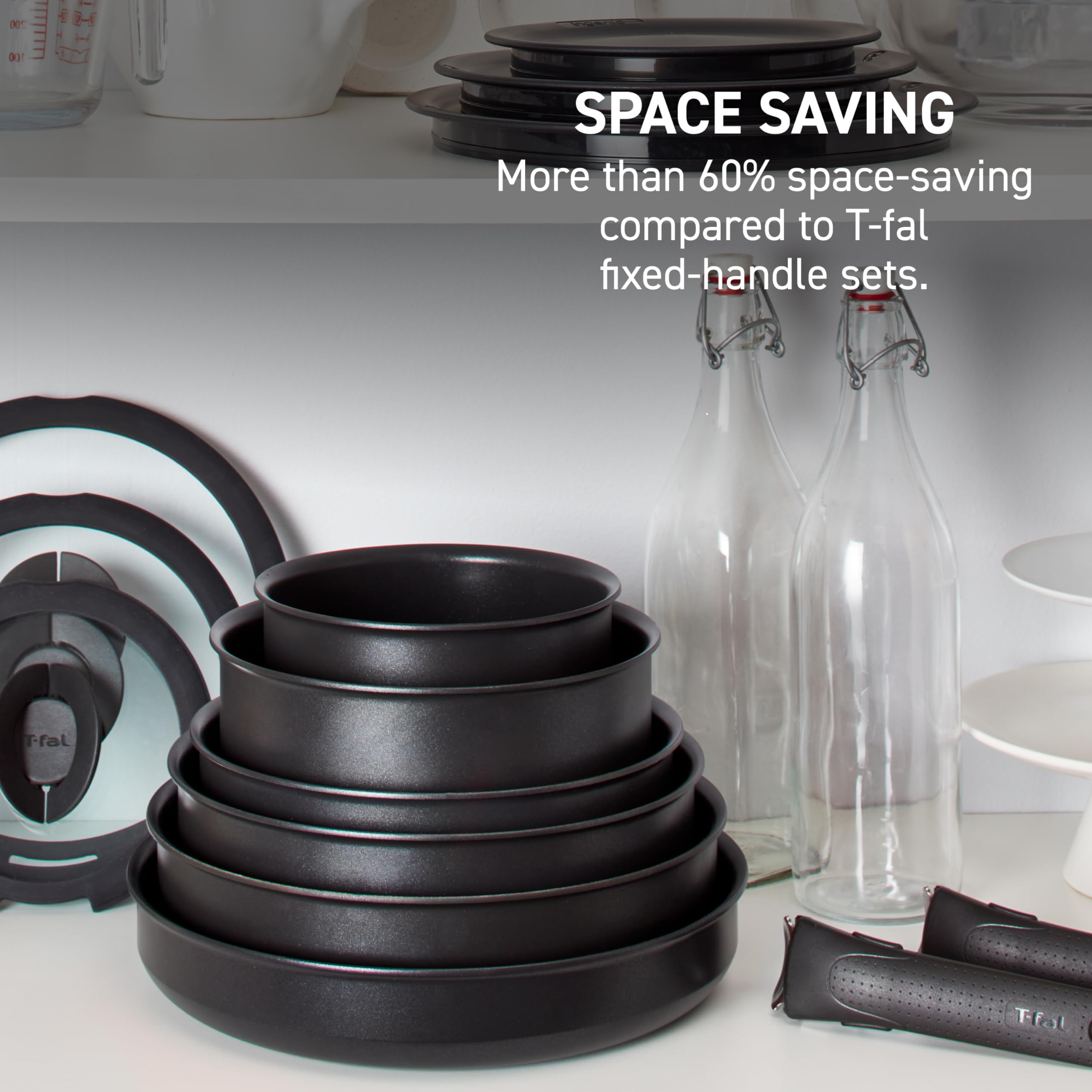 T-FAL Ingenio Expertise 3-Piece Non-Stick Cookware Set with Detachable Handle - Stackable Pots and Pans, Oven & Dishwasher Safe, Induction Compatible - Perfect for RV, Camping, Home Cooking & Small Spaces