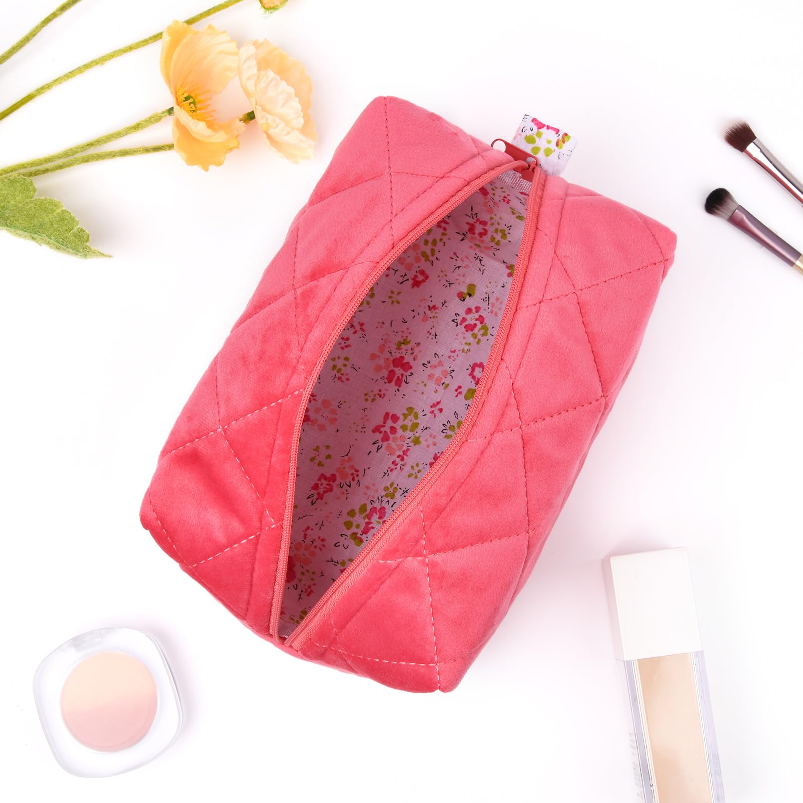 Pink Terry Quilted Makeup Bag | Puffy Coquette Cosmetic Pouch | Aesthetic Cotton Travel Toiletry Organizer | Women's Makeup Brush Storage Bag | Perfect for Travel, Gym & Daily Beauty Essentials